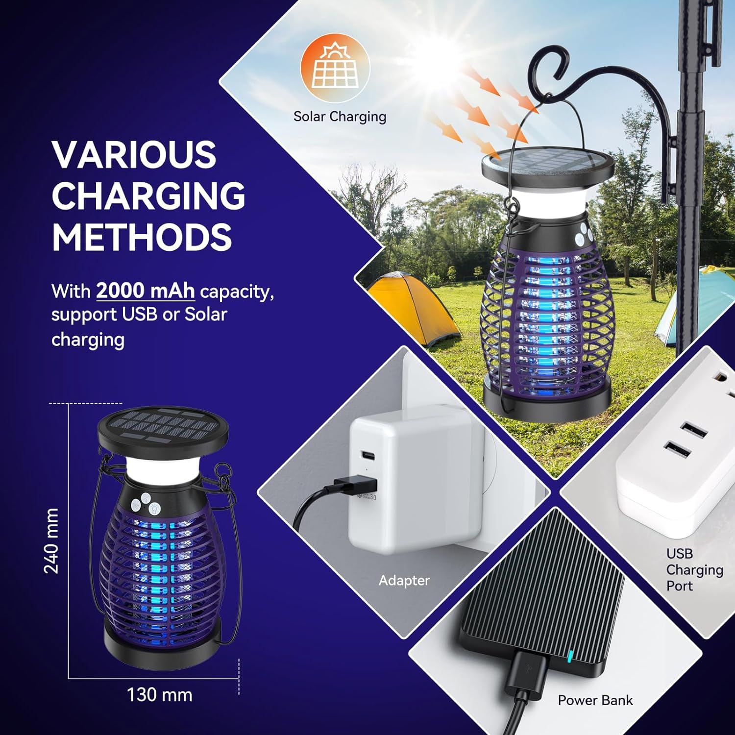 Elektrischer Insektenvernichter Mit Solar & USB - 4200V, 4000mAh, UV-Lockstoff, Für Innen & Außen