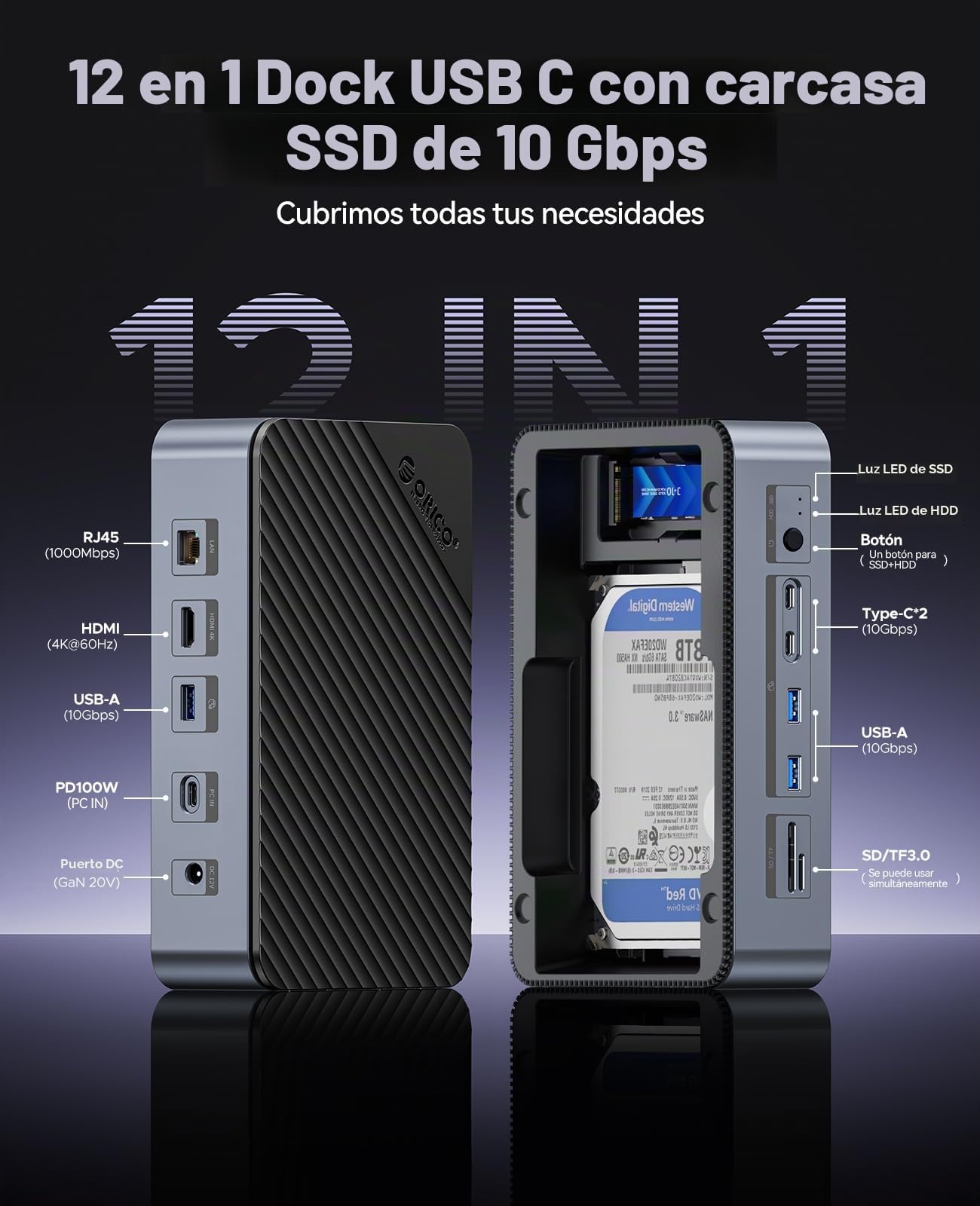 ORICO Carcasa SSD M.2 NVMe/SATA y Unidades SATA de 2,5"/3,5" hasta 26TB HDD,USB C Dock con 4K HDMI,Adaptador 10Gbps USB-A/C, SD/TF, 100W PD, Ethernet,Compatible con portátiles HP/Lenovo/DELL