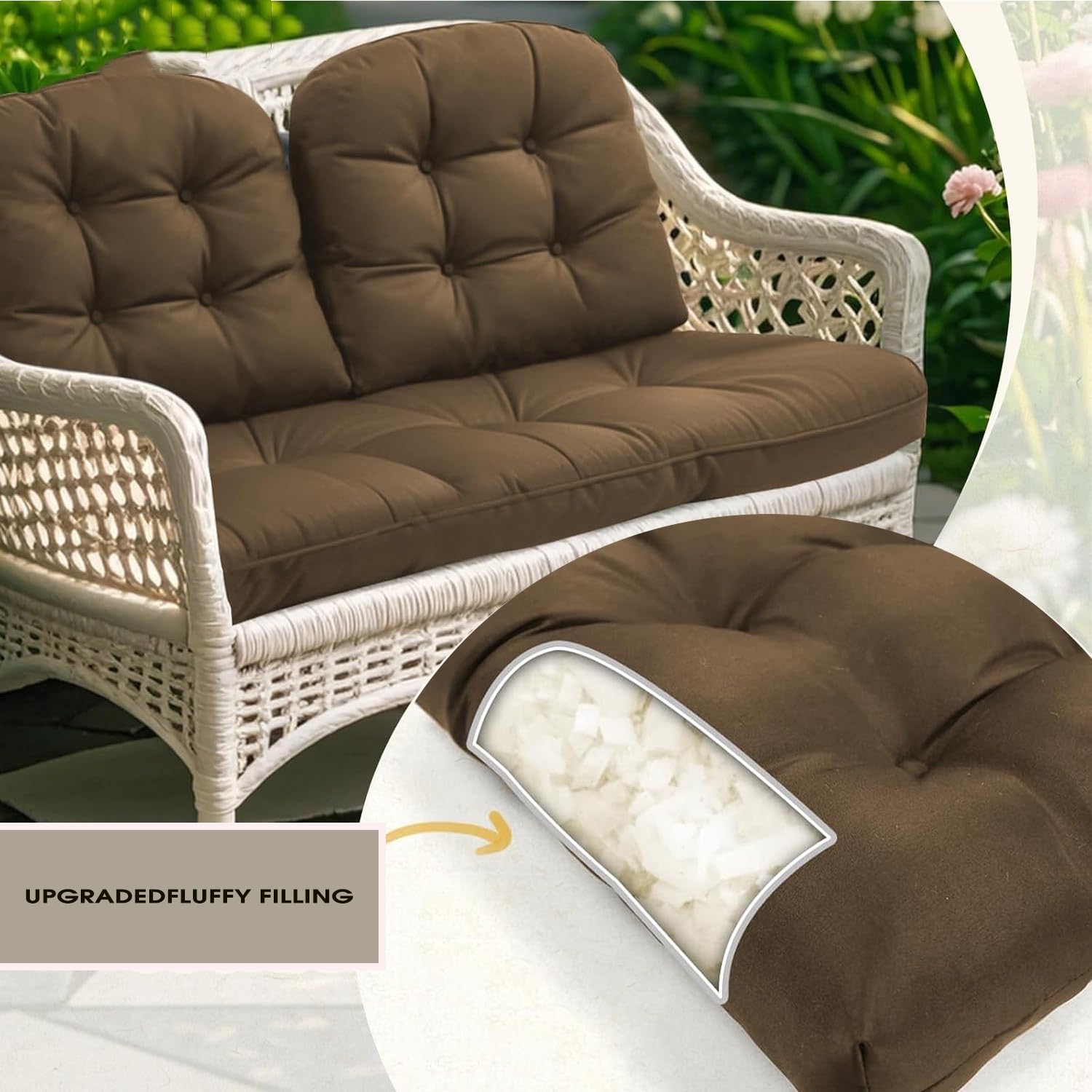 Set 3 Cuscini Esterno Impermeabili Panca Divano e Panchina da Giardino Sostituzione Rattan Vimini e Altalene 1 Seduta 110x50x10cm+2 Schienali a U 48x48cm Terrazzo Balcone(Beige)