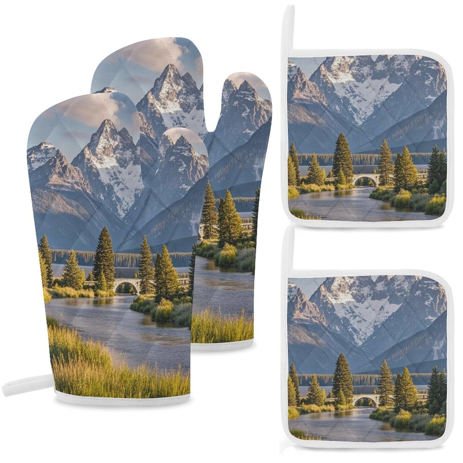 Grand Teton National Park Oven Mitts and Pot Holders Sets Heat Resistant Oven Glove with Hanging Loop for Baking Cooking BBQ Thicken Potholders for Kitchen