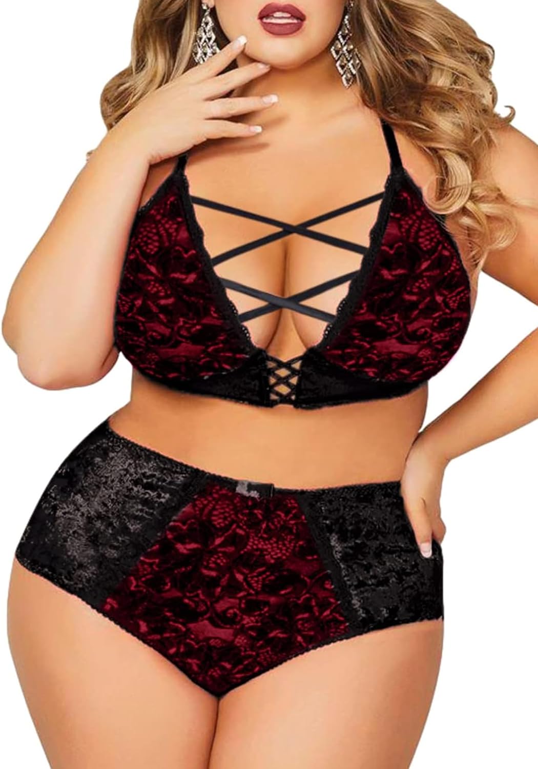 Women Valentines Lingerie Set - Sexy Plus Size Crushed Velvet Mesh Lace Up Exotic Halter Bralette High Waist Panty