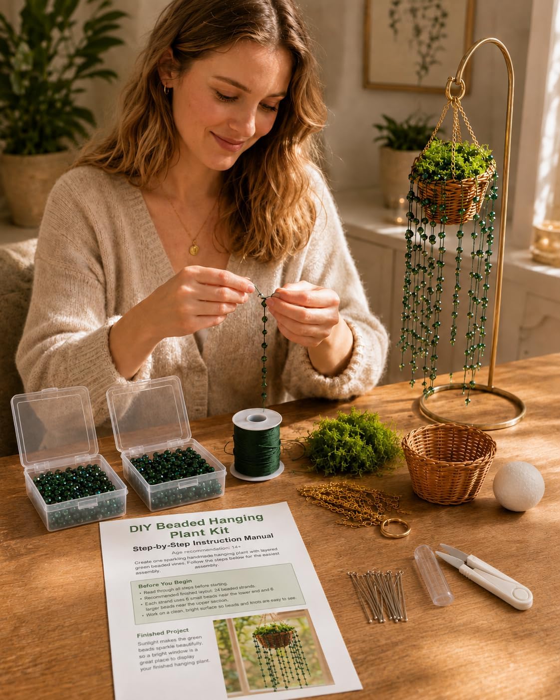 Beaded Plant Kit, A/B Green Beads with Chain & Basket DIY Hanging Decor image 5