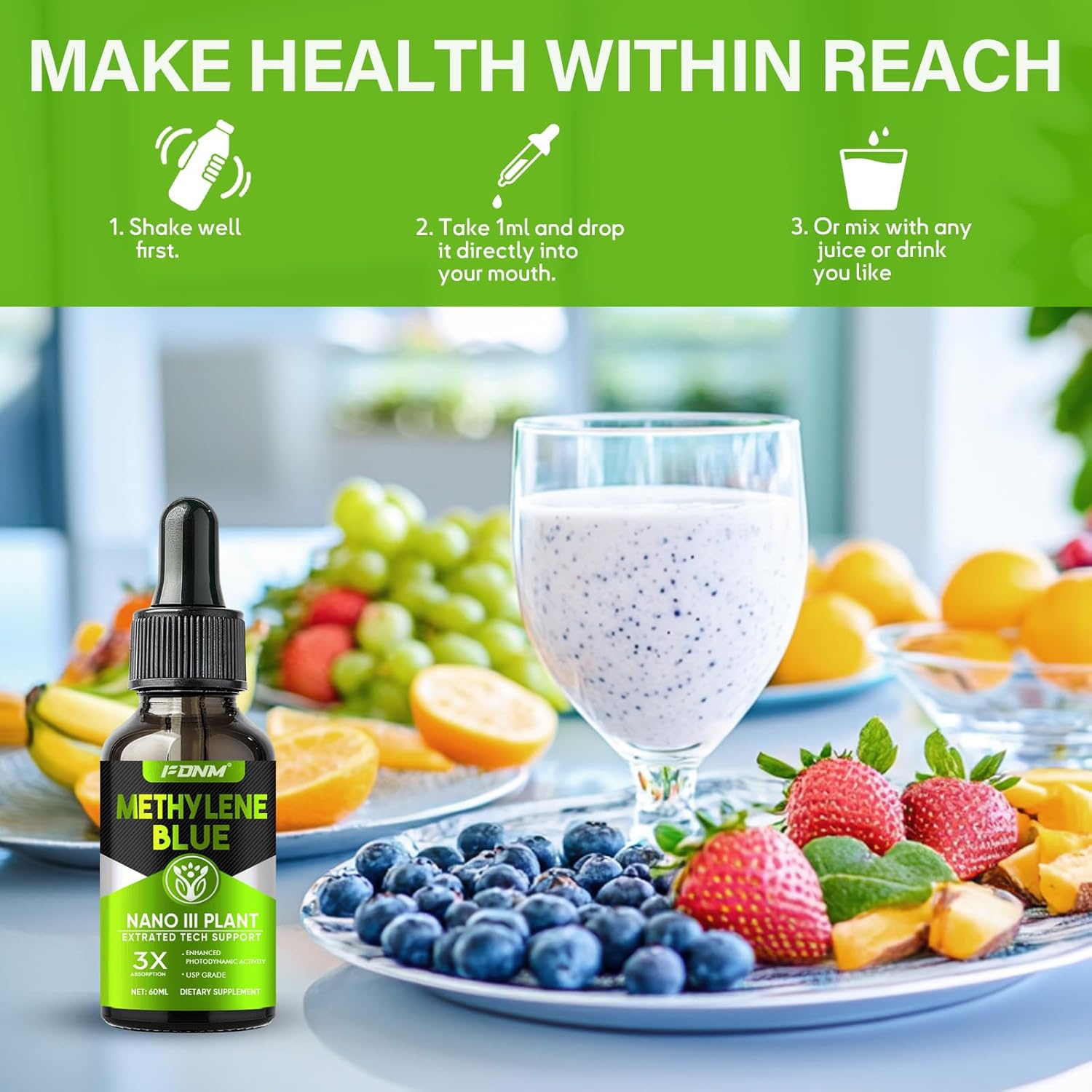 Methylene Blue Drops, 2 Fl oz Methylene Blue Pharmaceutical Grade, Supports Brain Health, Focus, High-Purity Liquid & Absorption, Precise Liquid Dropper, No Formaldehyde & GMO - Image 7