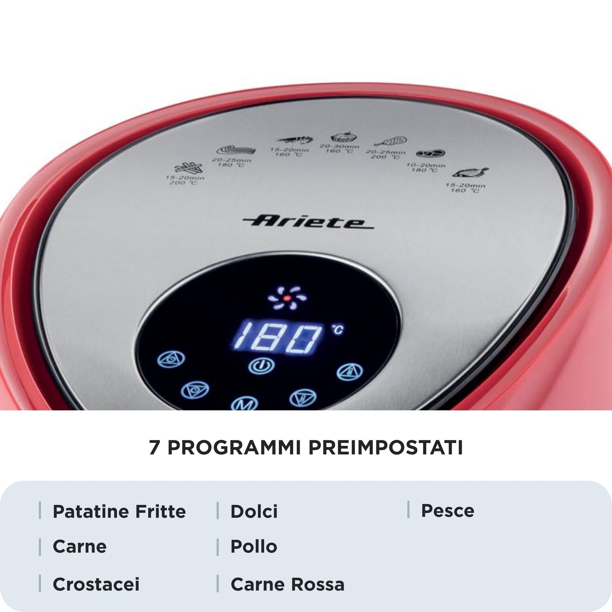 Ariete 4618 Airy Fryer XXL- Friggitrice ad Aria - Frigge 2,5 kg di Patatine Fritte - 7 Litri - Cottura Senza Olio e Grassi - 1800 Watt - Rosso