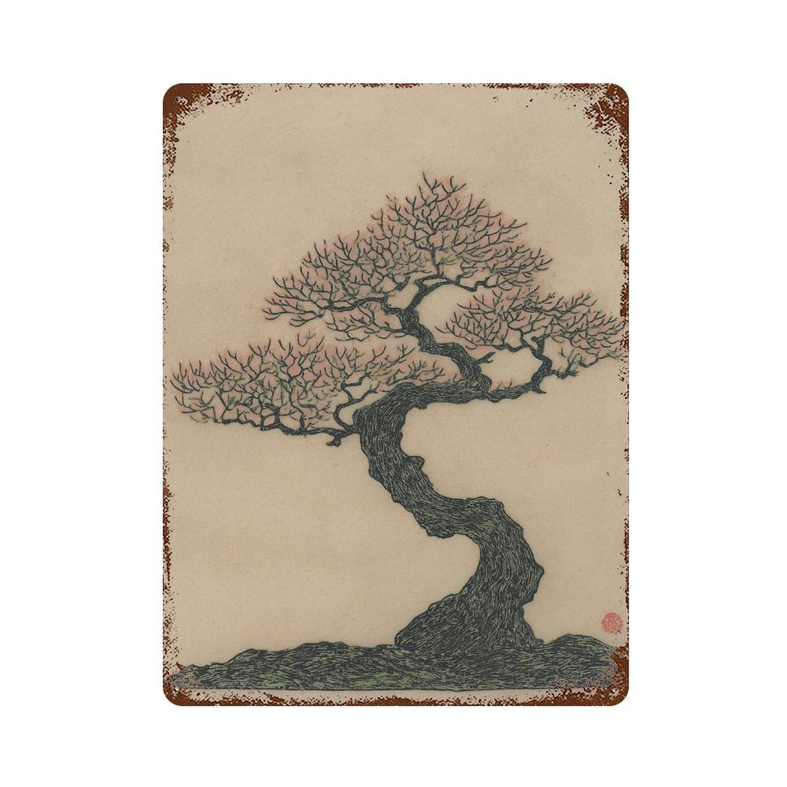 xiaoxiaoshen Japanese Bonsai Tree Minimalist Ink Zen Nature Traditional Asian Wabi Wall Decor Art Metal Tin Poster Modern Home Decor Art Home Bar Shop Decorations Vintage Sign 40x30cm