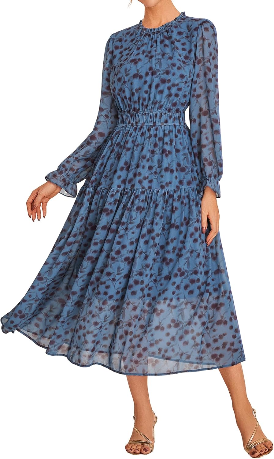 GRACE KARIN Women’s Long Sleeve Maxi Dress Fall 2025 Chiffon Flowy Wedding Guest Dresses Floral Tiered Dress with Pockets