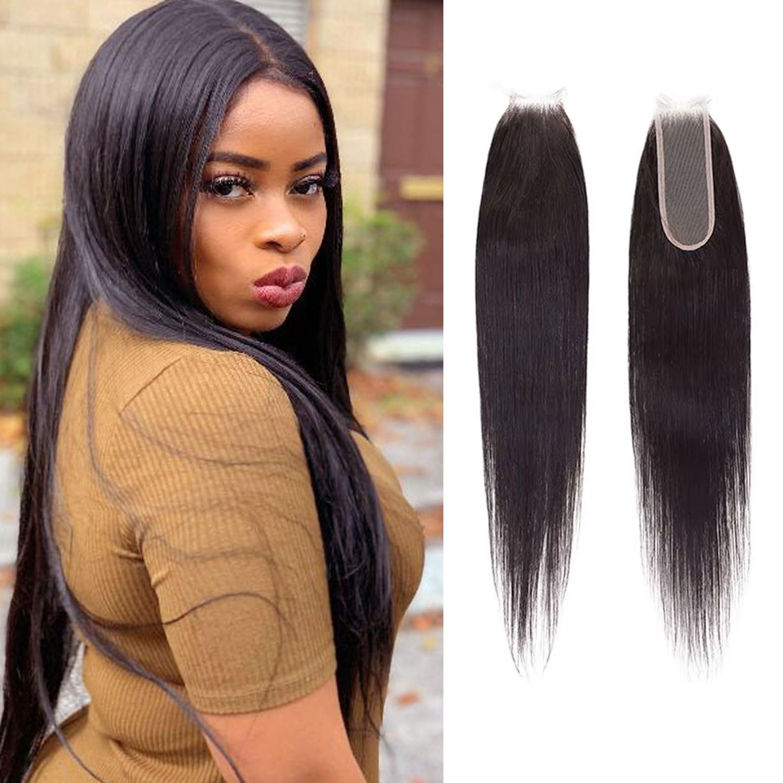 Huarisi Closure Human Hair 2x6 16 inch Natural Colour Straight Brazilian Virgin Hair Bleached Knots Transparent Lace Closures with Baby Hair Free Part Sew in
