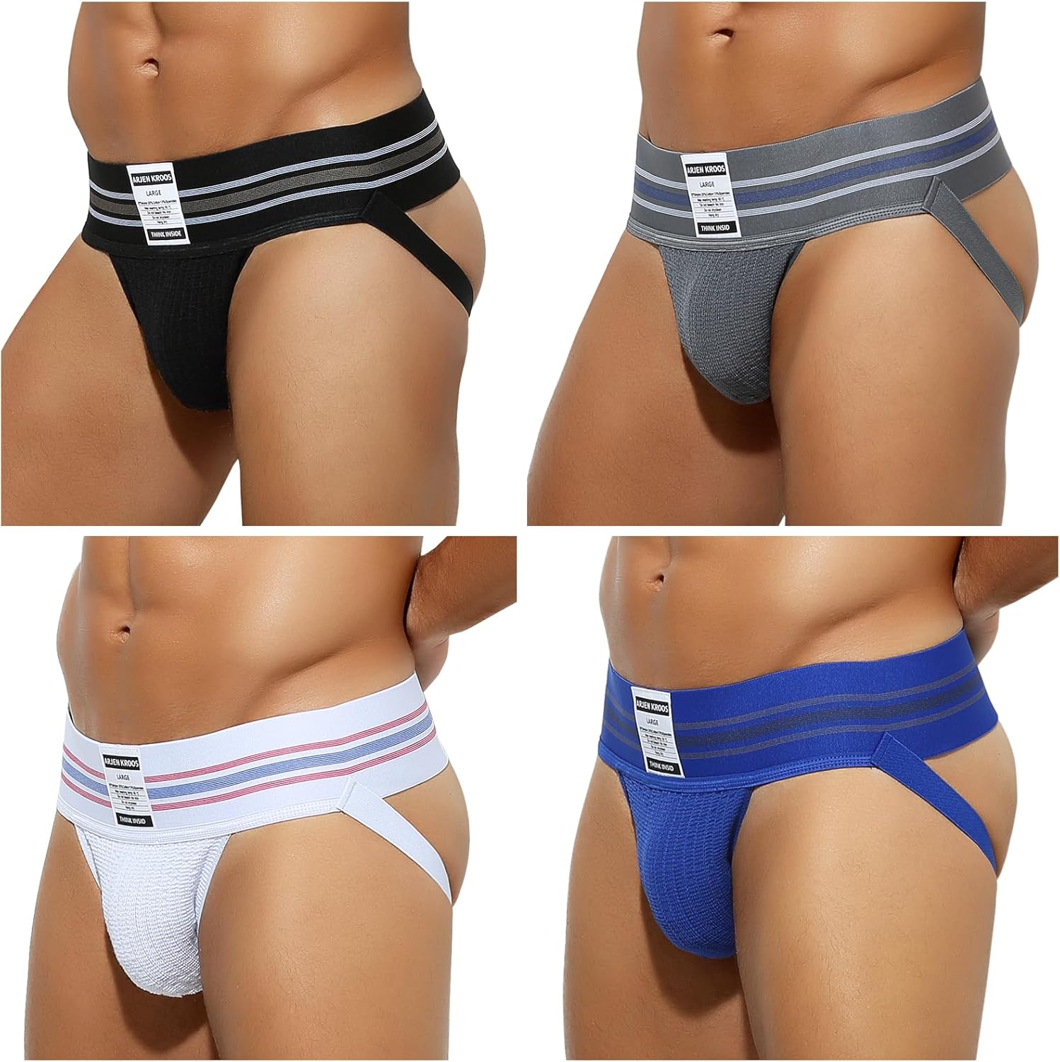 Arjen Kroos Men's Jock Strap 4 Pack High Elastic Jockstrap Underwear Breathable Athletic Supporter with Wide Waistband