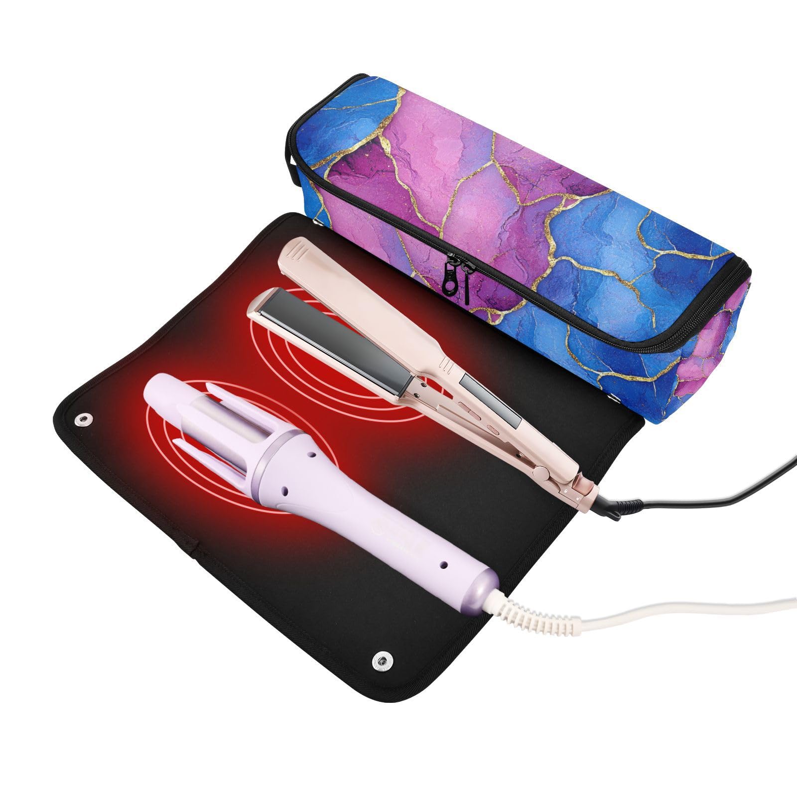 KLL Hair Tool Travel Bag and Heat Resistant Mat Dustproof Travel Hair Straightener Bag for Flat Iron Hot Tools and Haircare Accessories, Marble Royal Blue Hot Pink