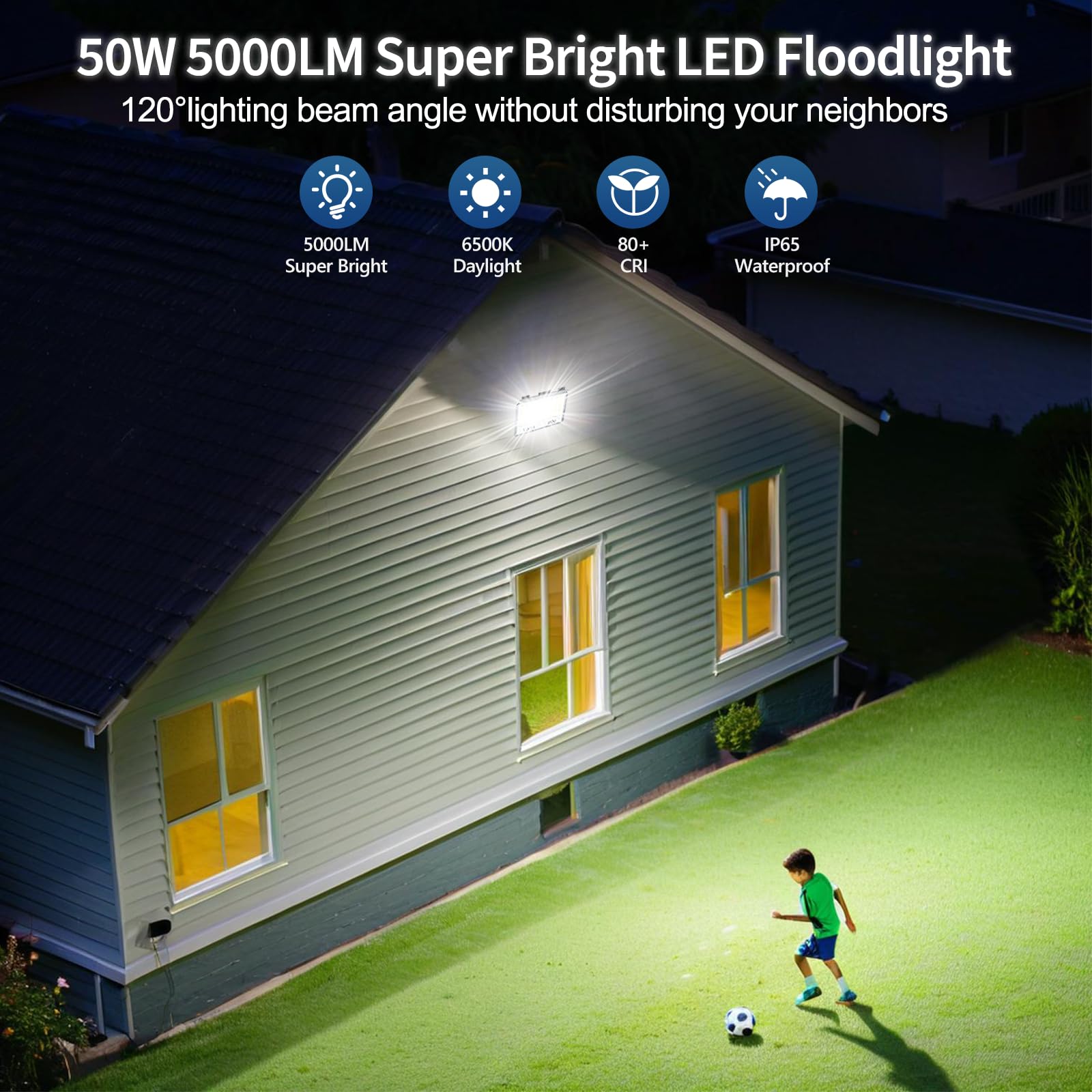 TASINUO 50W LED Floodlights 2 Pack, 5000LM Outdoor Security Lights, IP67 Waterproof - Image 2