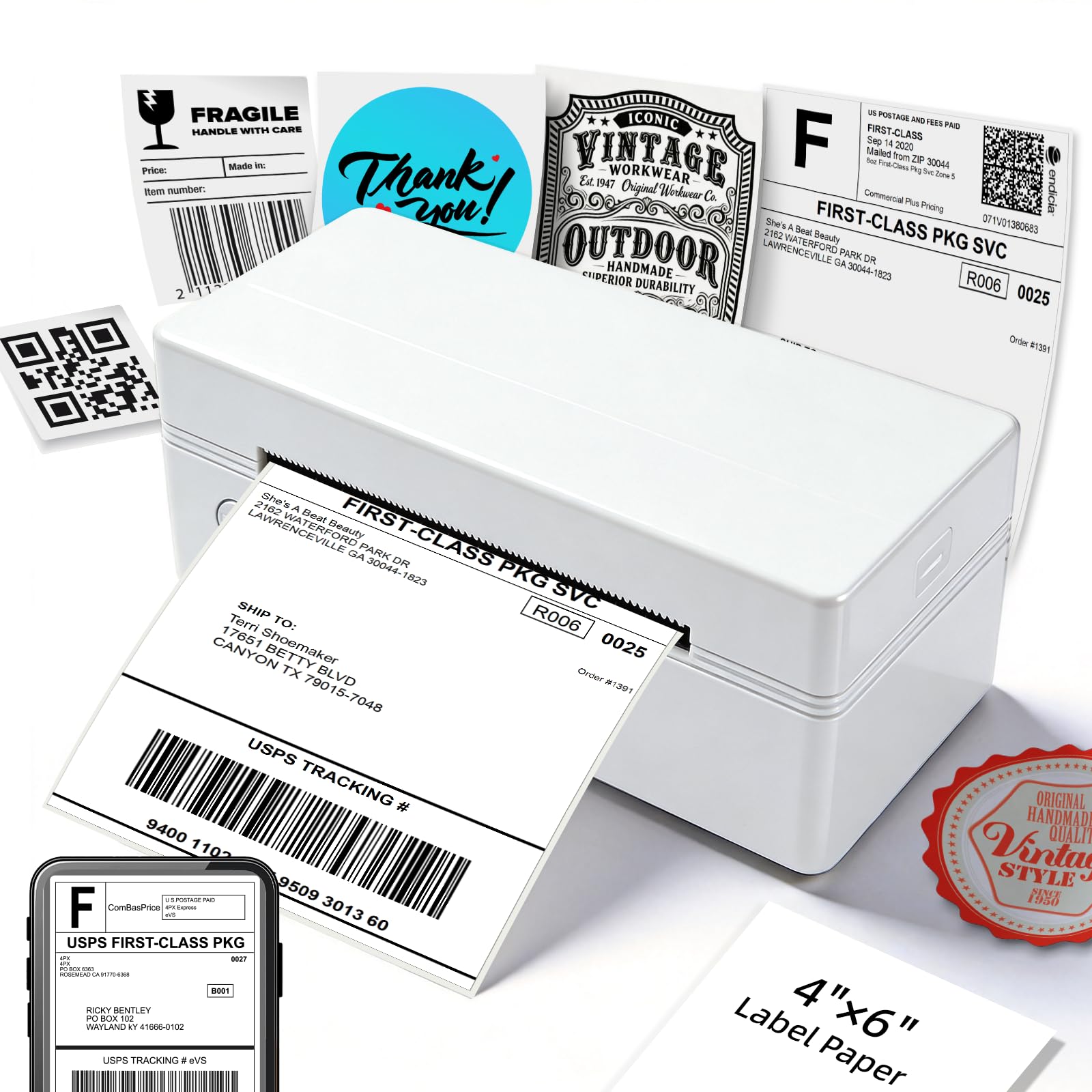Etikettendrucker Bluetooth, Kabelloser 4x6 Thermo Etikettendrucker für Versandpakete, Unterstützt Android, iPhone, Weit Verbreitet für Amazon, Shopify, Etsy, UPS,DHL