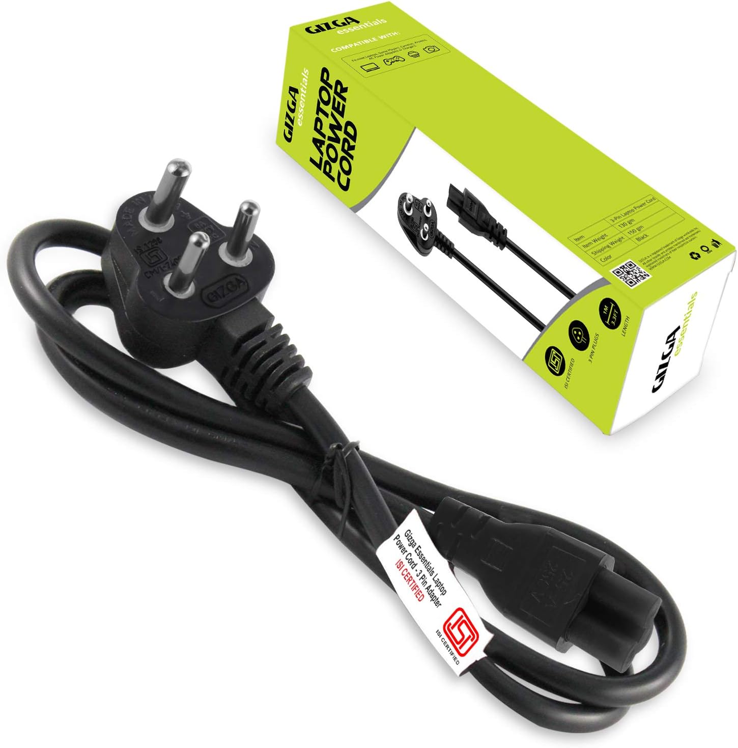 Gizga Essentials Laptop Power Cable Cord- 3 Pin Adapter, 3 yrs Warranty (ISI Certified, 1 meter /3.3 Feet)
