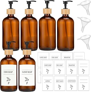 6 Pack Amber Glass Soap Dispenser with Wood Pump, 16 oz