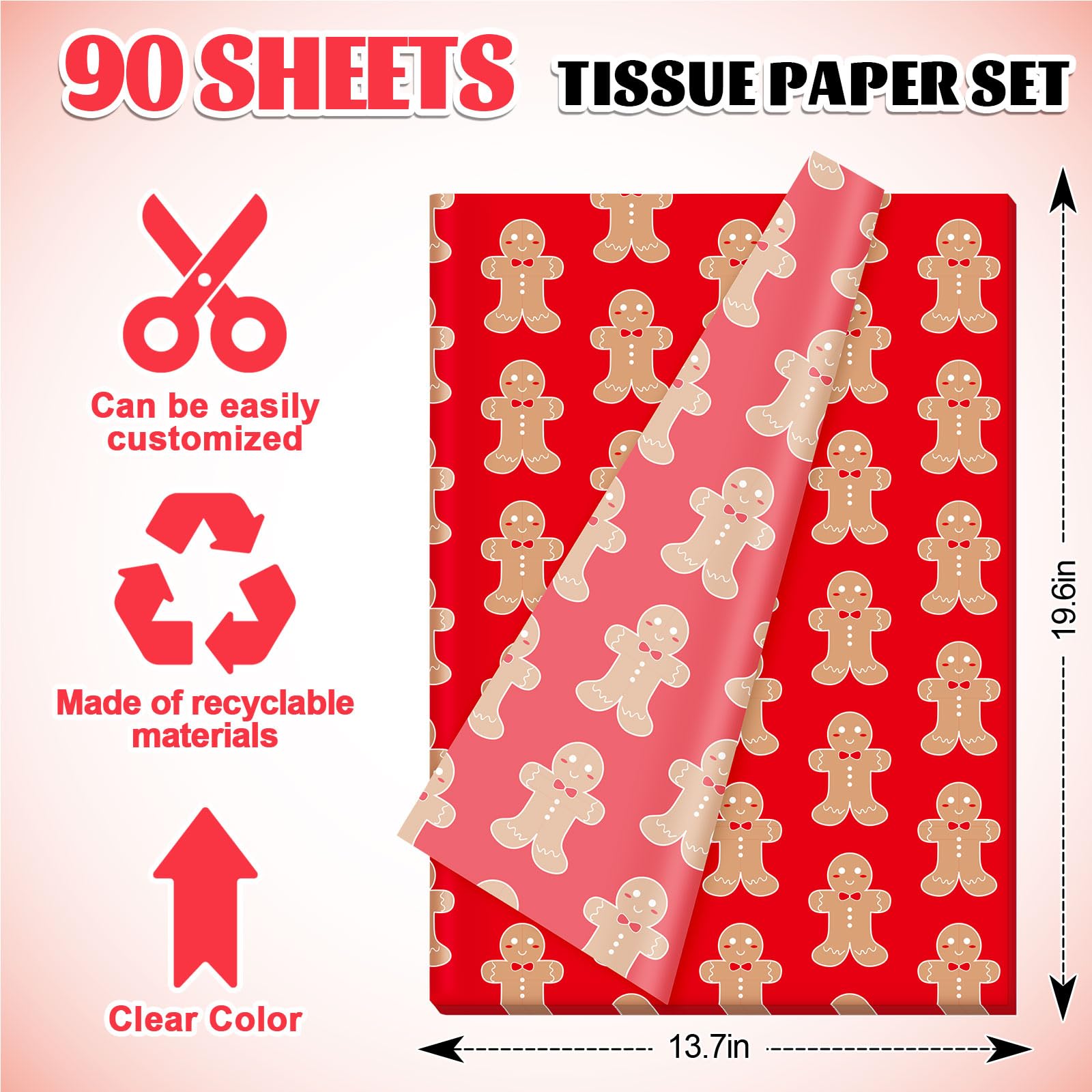 100 Sheets Christmas Tissue Paper Gingerbread Man Candy Cane Art