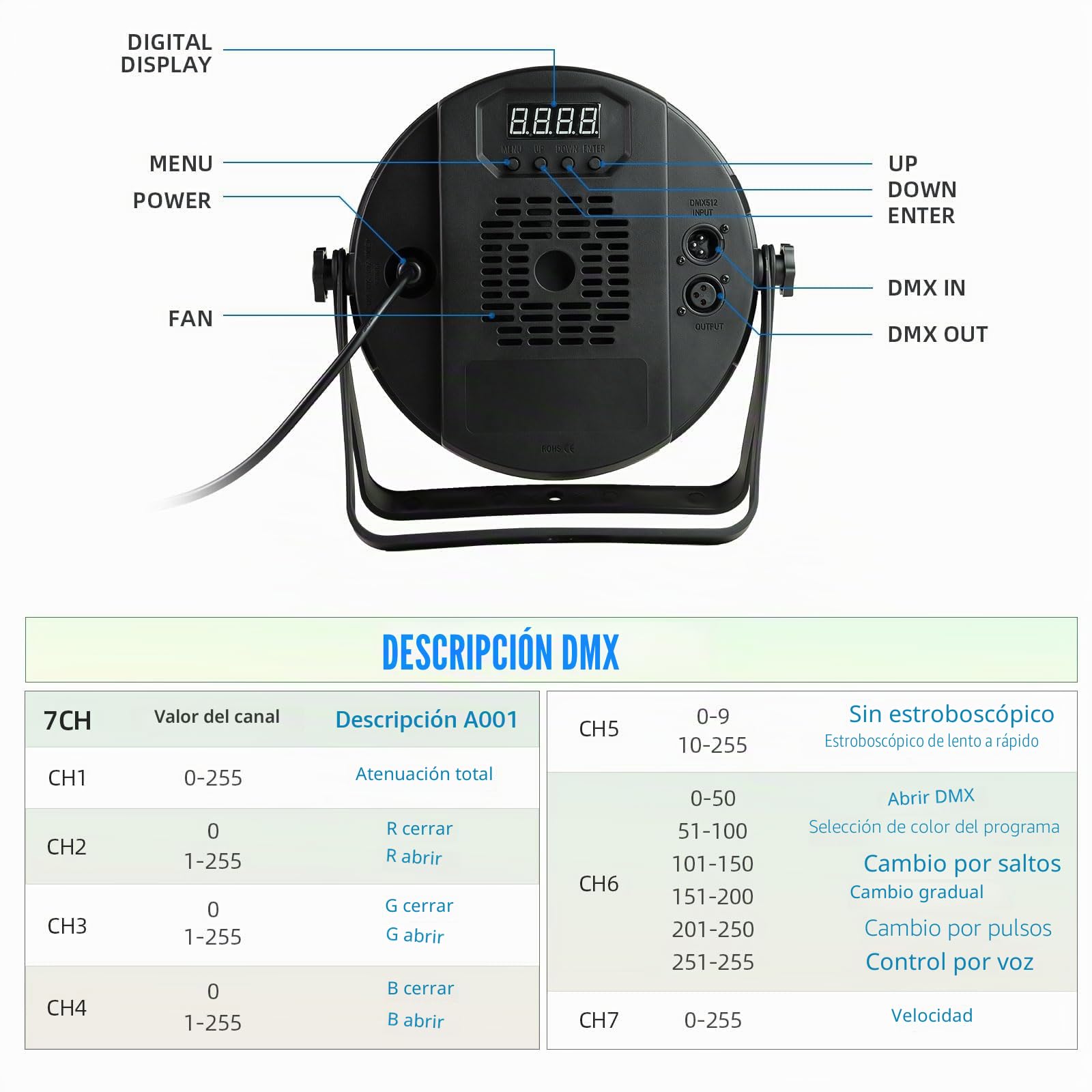 60 luces Par LED DMX 2 piezas, iluminación RGB de escenario súper brillante con cable de 1M, DMX512, control activado por sonido, para celebraciones, iluminación de escenario (sin control remoto) | (60 proyectores LED PAR 2Pack)