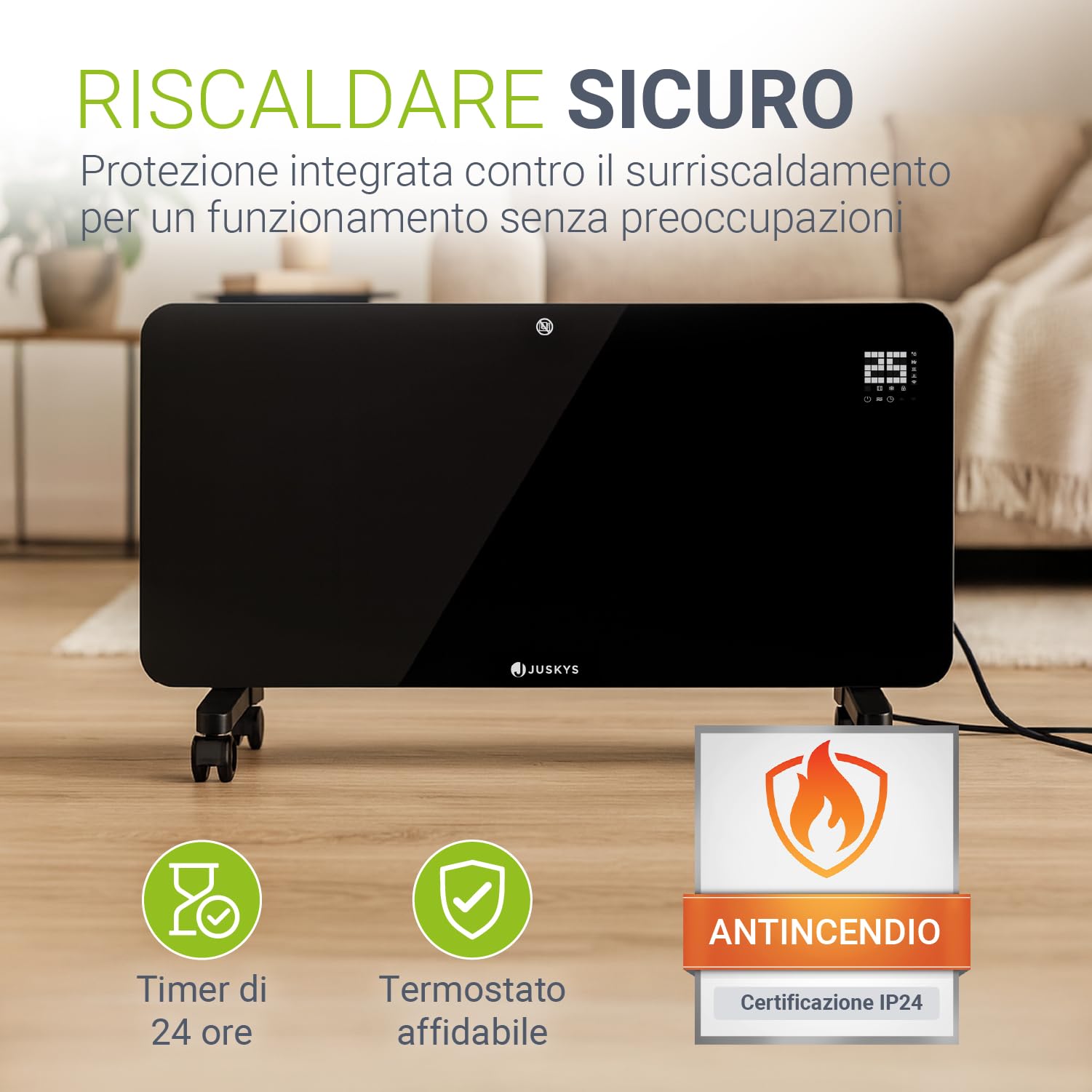 Juskys stufa in vetro 2000W – Nero, riscaldamento a infrarossi da parete o pavimento, controllo app, display LED, timer e sicurezza