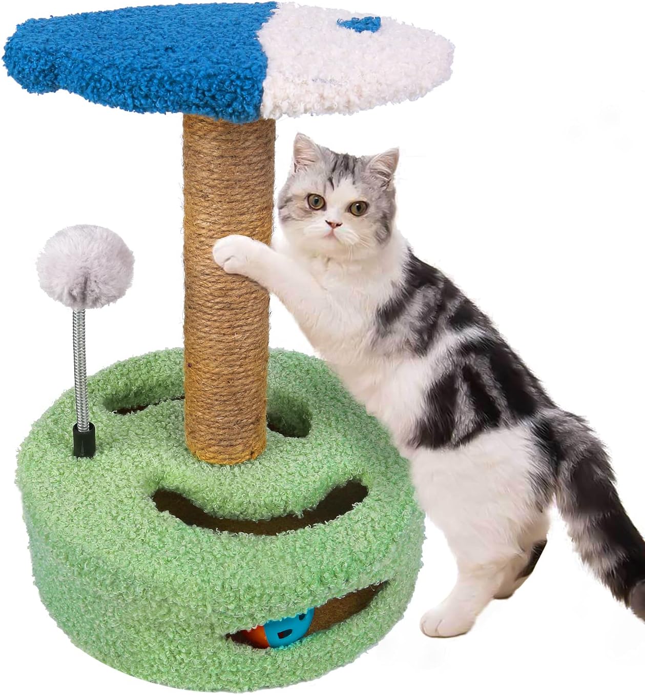 Cat Tree Scratching Post: Natural Sisal Cat Tower with Fish Carpeted Base Perch and Plush Ball Condo for Small Cats Kittens