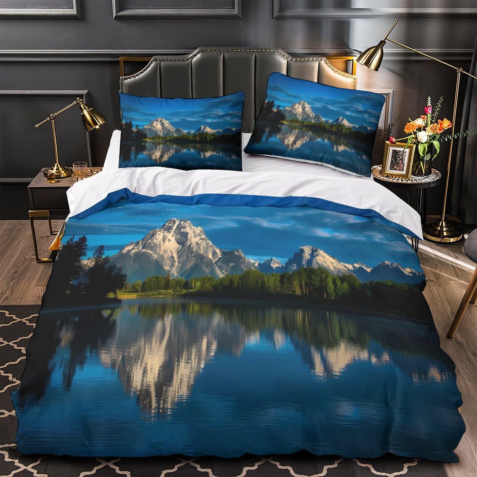 Housse de couette montagne 3D anti-acariens 135x200 douce et zippée pour lit enfant et adulte