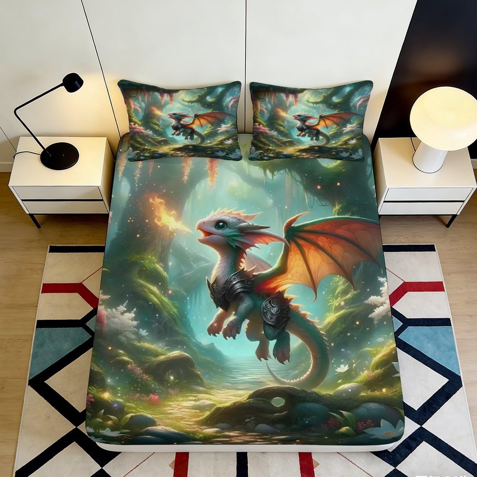 3D Printed Fantasy Dragon Fitted Sheet Microfiber Soft Breathable Enchanted Forest Mattress Cover Bedroom Decor 90x200x25cm