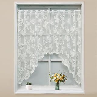 KnBoB Bistrogardine Weiß (100x150cm) – Schmetterlinge & Blumen, Transparent Stickerei Spitze Voile, Mit Ösen, Polyester – Für Küche/Wohnzimmer