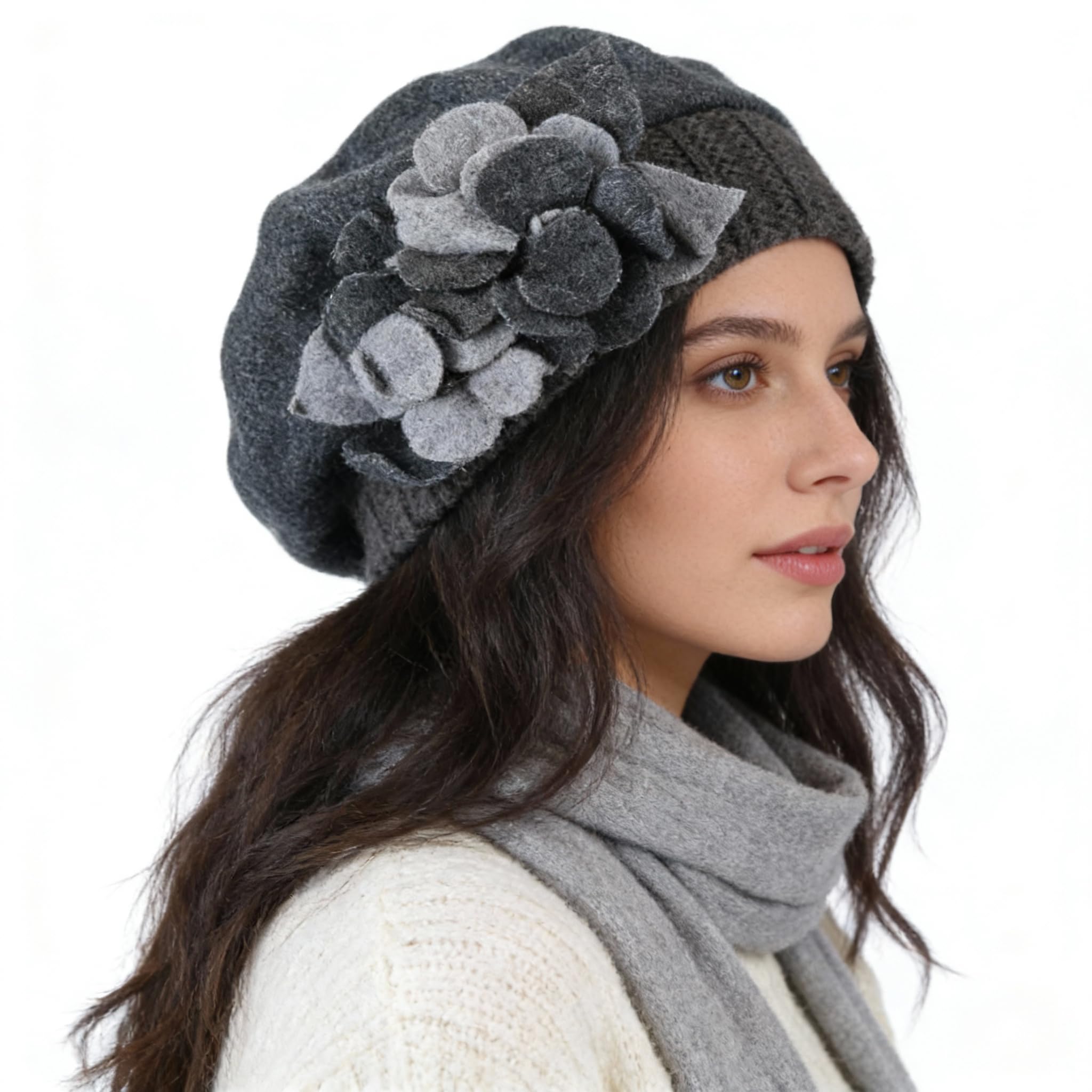Ruphedy Women's Hy023-Grey-A Beret Beanie Chic Wool French Beret Dress Winter Hats Hy022 (Hy023-Grey)
