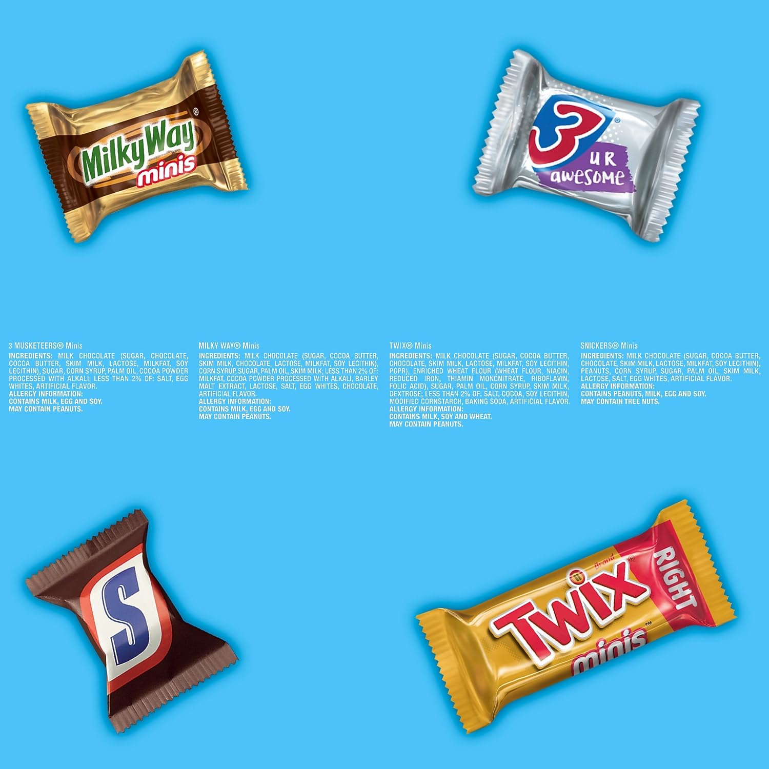 Snickers, Twix, 3Musketeers and MilkyWay Minis Milk Chocolate Candy Bars Bulk Variety Pack, 19.49 oz. (460690)