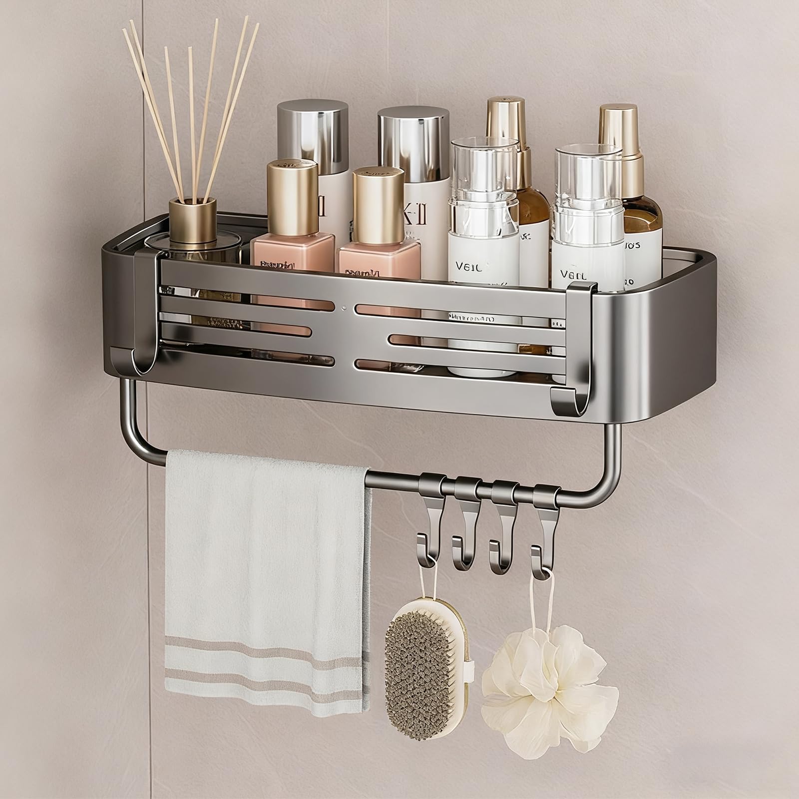 BEWITU Shower Caddy Bathroom Organizer Easy Install No Drilling Corner Shelf with Suction Cup 6 Portable Hooks Towel