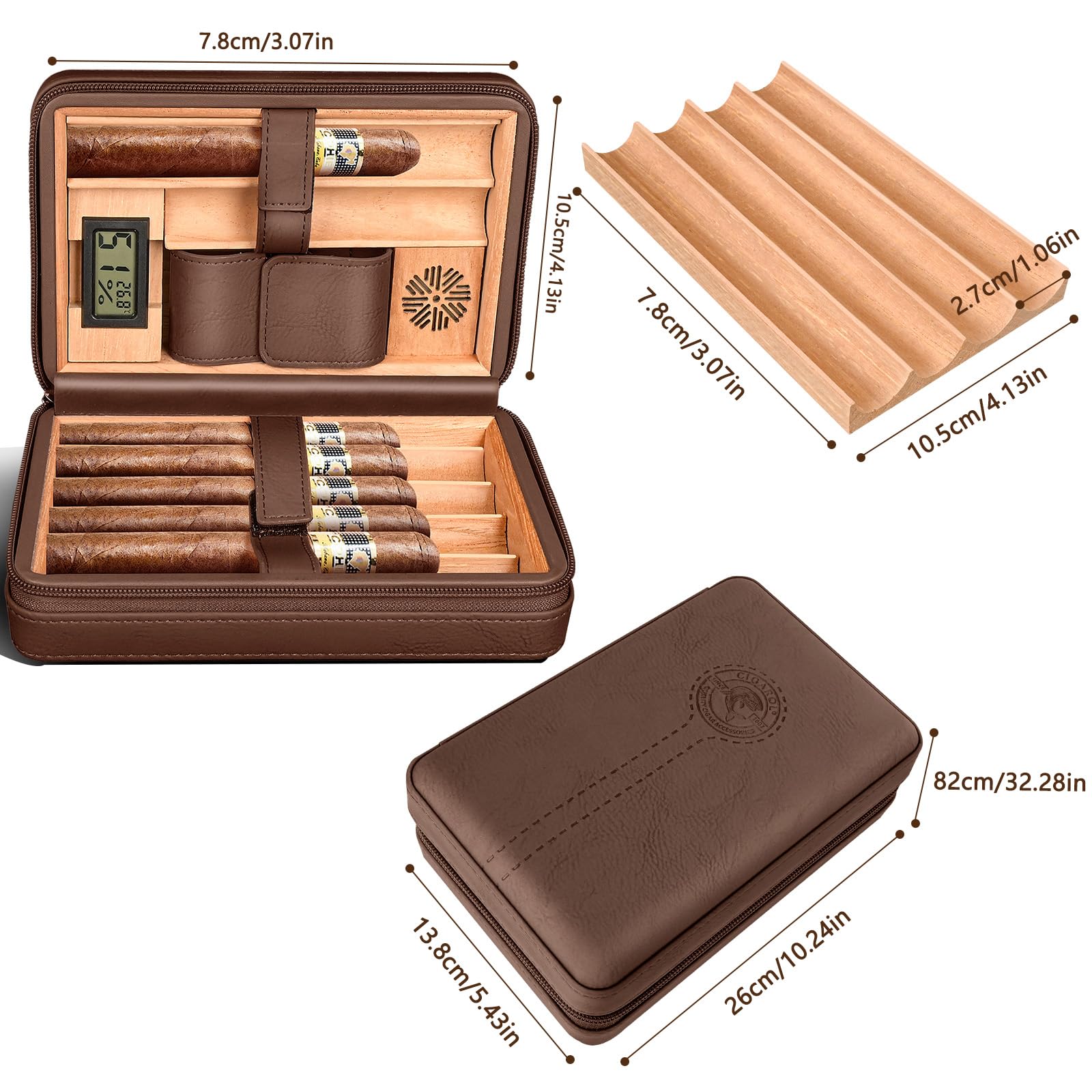 Leather Humidor sigari per 6 sigari con igrometro elettronico e umidificatore (caffè)