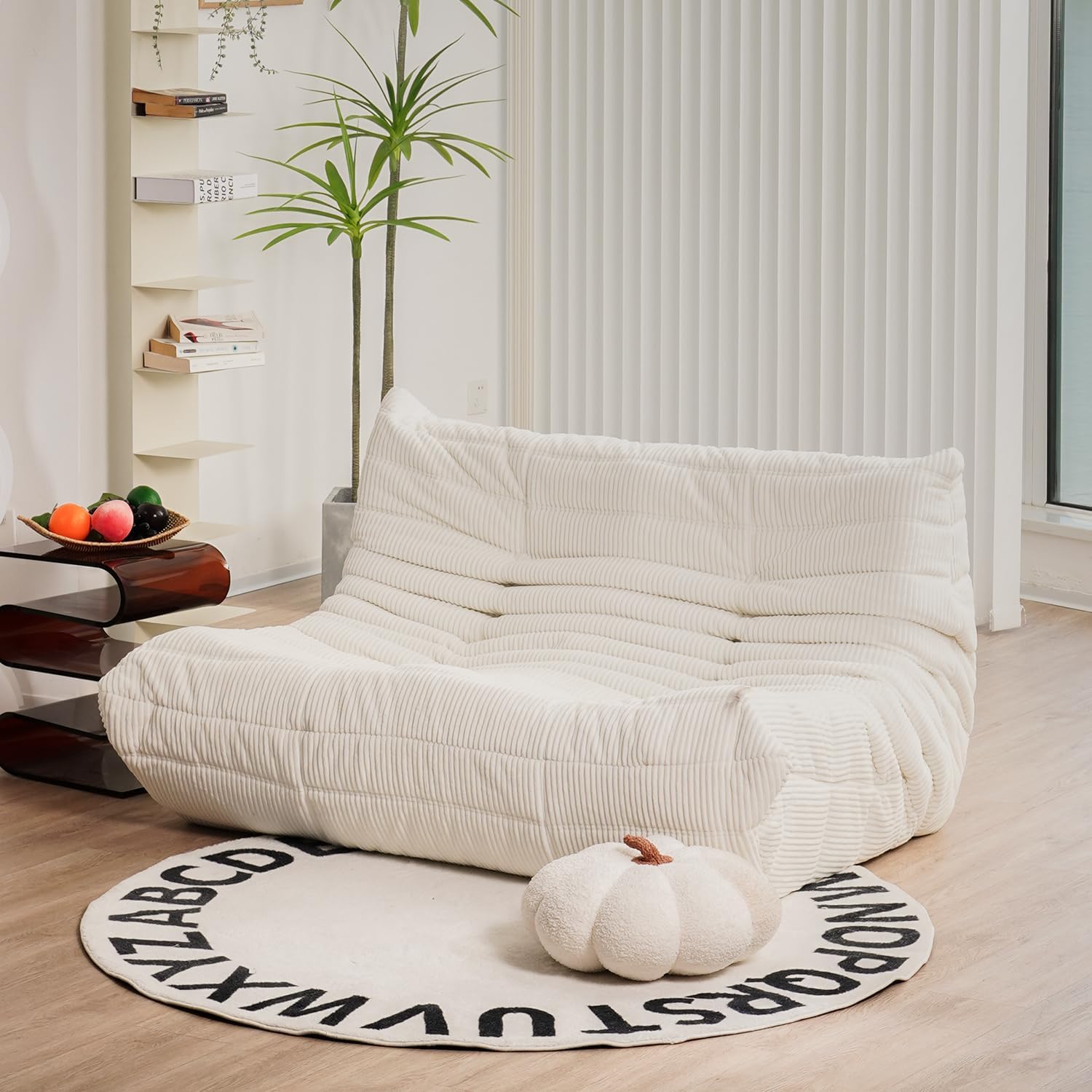 N&V Fireside Loveseat, Mid Century Armless Twin Size Floor Sofa, Soft Premium Corduroy Floor Lounge Chair, Foam Sofa Accent Chair for Living Room Bedroom and Office, Ivory