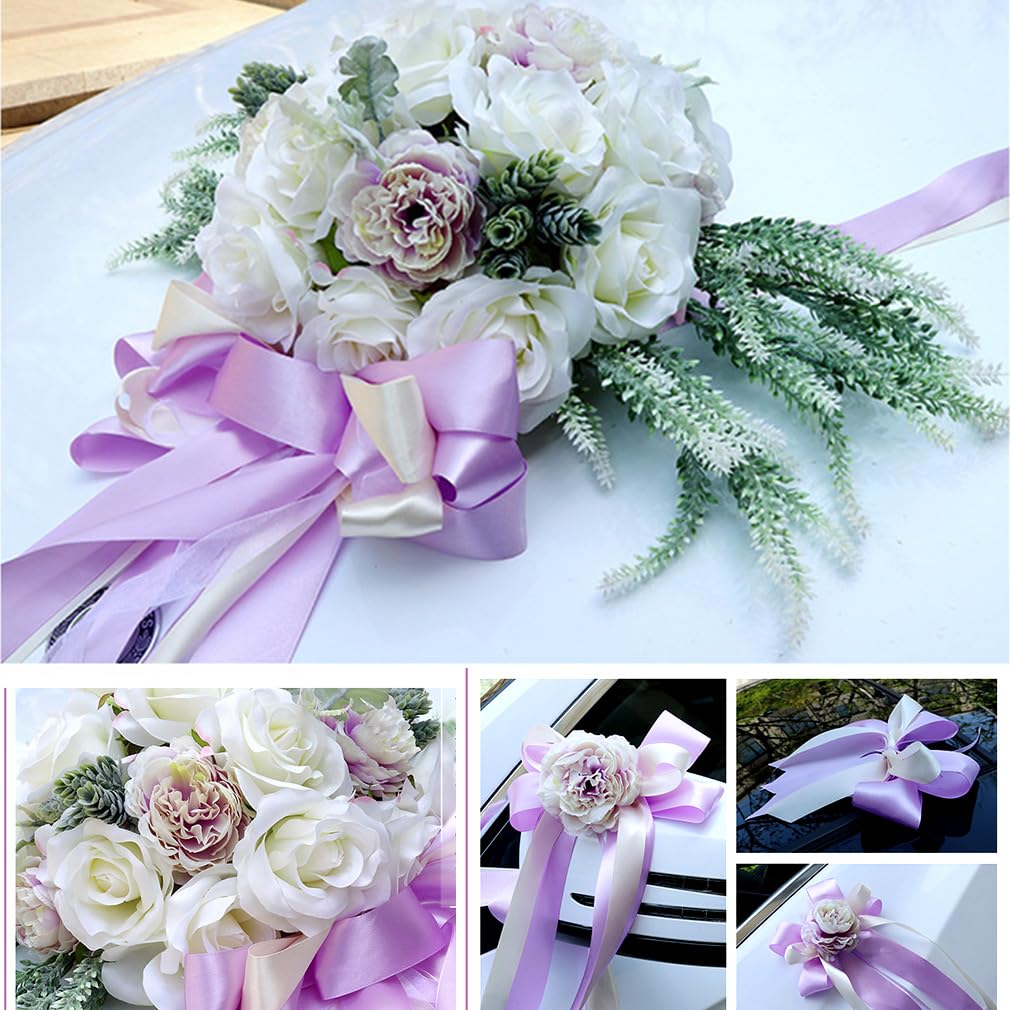 Autoschmuck Hochzeit Set Blume Hochzeitsdeko Autoschleifen Auto Blumenschmuck Hochzeitsschmuck mit Saugnäpfen Autodekoration Auto Schmuck Dekoration für Hochzeit Zeremonie Set 3#