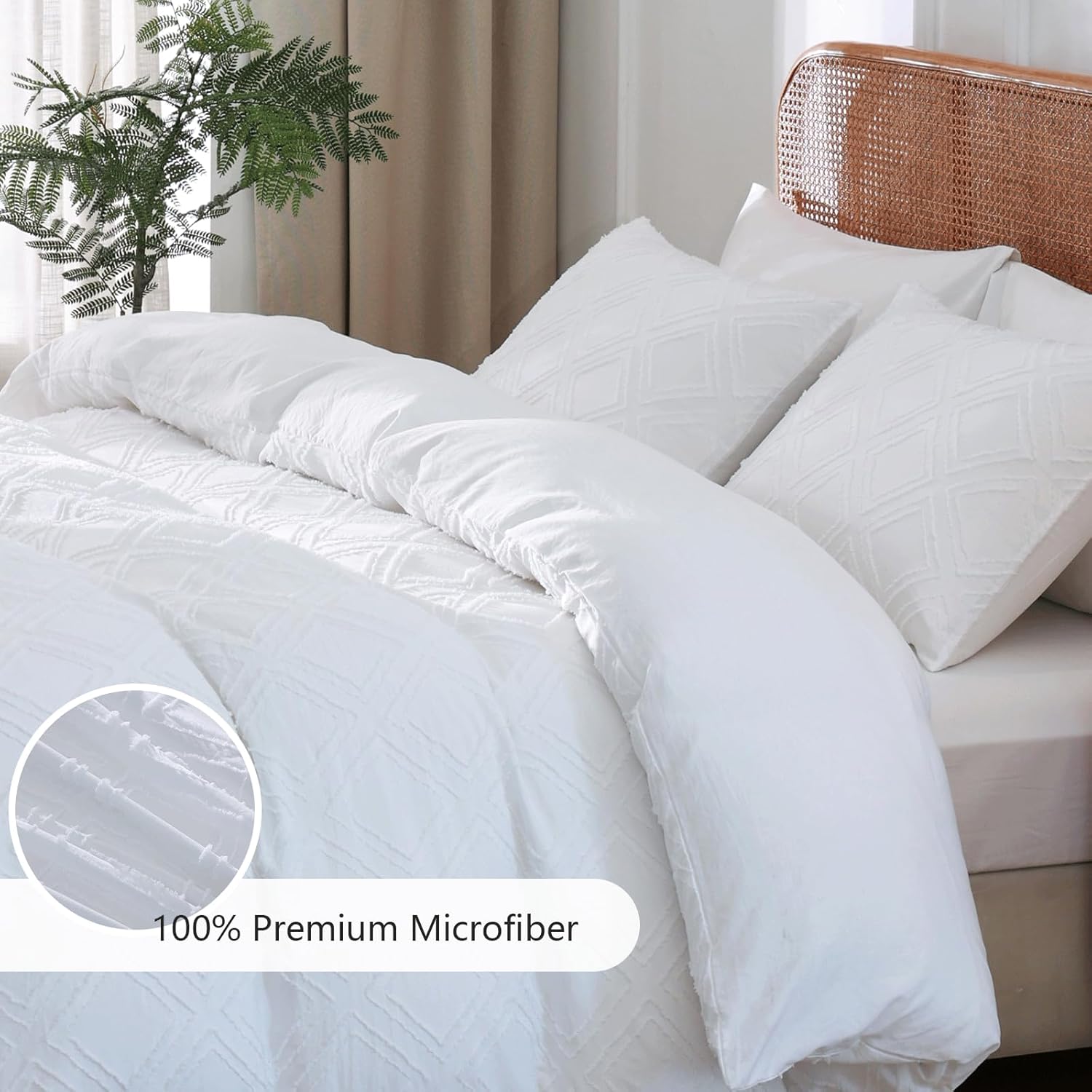 White Duvet Cover Set King Size, 3PCS Boho Duvet Cover Set, Geometric Pattern Tufted Bohemian Comforter Cover Jacquard Knit Textured Bedding Set with Zipper Closure, No Comforter Include - Image 3