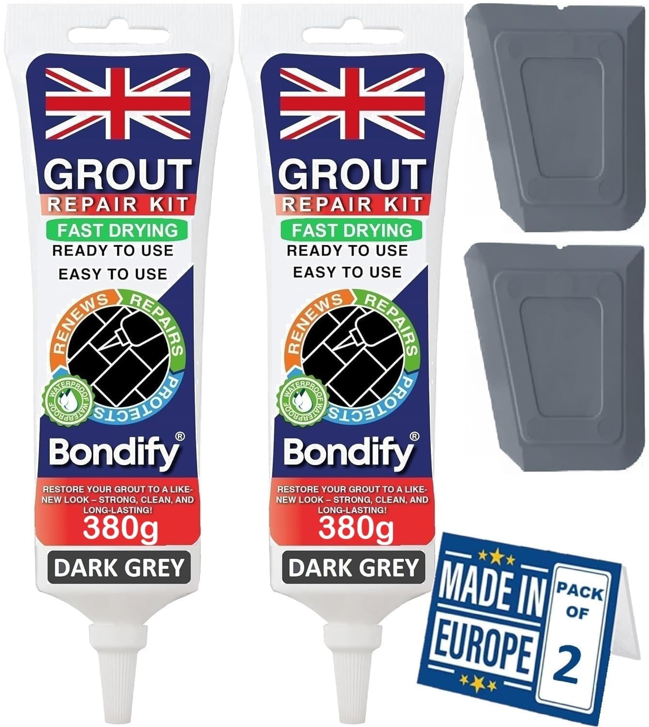 BONDIFY Waterproof Dark Grey Grout Ready Mixed, Grout Repair Kit, 380g x 2PCs, FAST DRYING, EXTRA VOLUME Anti Mould Dark Grey Tile Grout for Shower, Bathroom, Kitchen, Quick Drying Tile Gap Filler