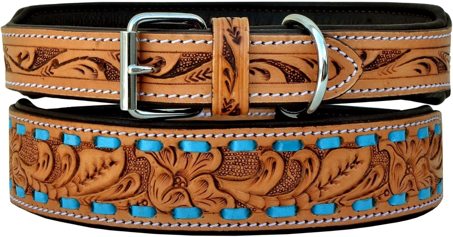Affilare Leather Dog Collar Western Style Heavy Duty Hand Tooled Adjustable Padded Soft for Puppies and Big Dogs 10AB106-S