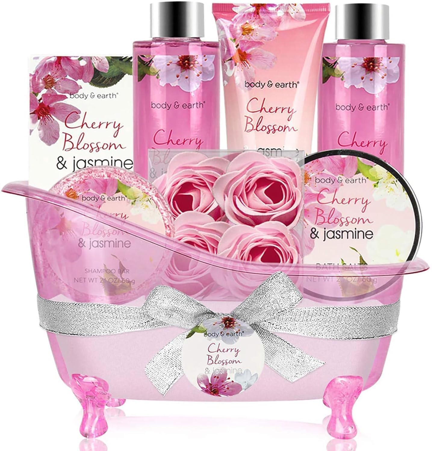 Bath Set for Women - 8 Pcs Gift Basket with Cherry Blossom & Jasmine Scent, Includes Bubble Bath, Shower Gel, Body & Hand Lotion, Bath Salts and More, Perfect Gifts Set for Home Relaxation