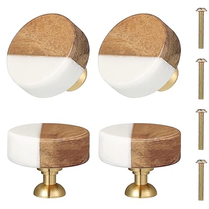 White Marble Stone Cabinet Knobs Wood Drawer Knobs Modern Dresser Cabinet Knobs Round Dresser Pull Handle Hardware Decorative Wood Drawer Small Furniture Knobs for Cupboard Cabinet Desk (4 Pcs)