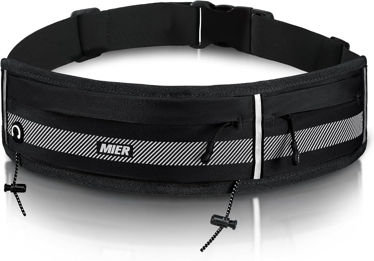 Cinturón para correr para mujeres y hombres, riñonera con clip para pechera Marathon, negro | Funda delgada y ajustable para soporte de teléfono; Riñoneras reflectantes para artículos básicos para correr; Bolsillos impermeables con cremallera.