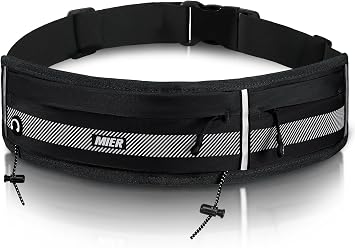 MIER Running Belt for Men Women Slim Fanny Pack Phone Holder Jogging Pouch with Marathon Bib Clip Runner Waist Pack for Walking Cycling for Keys, Cards & Essentials Black