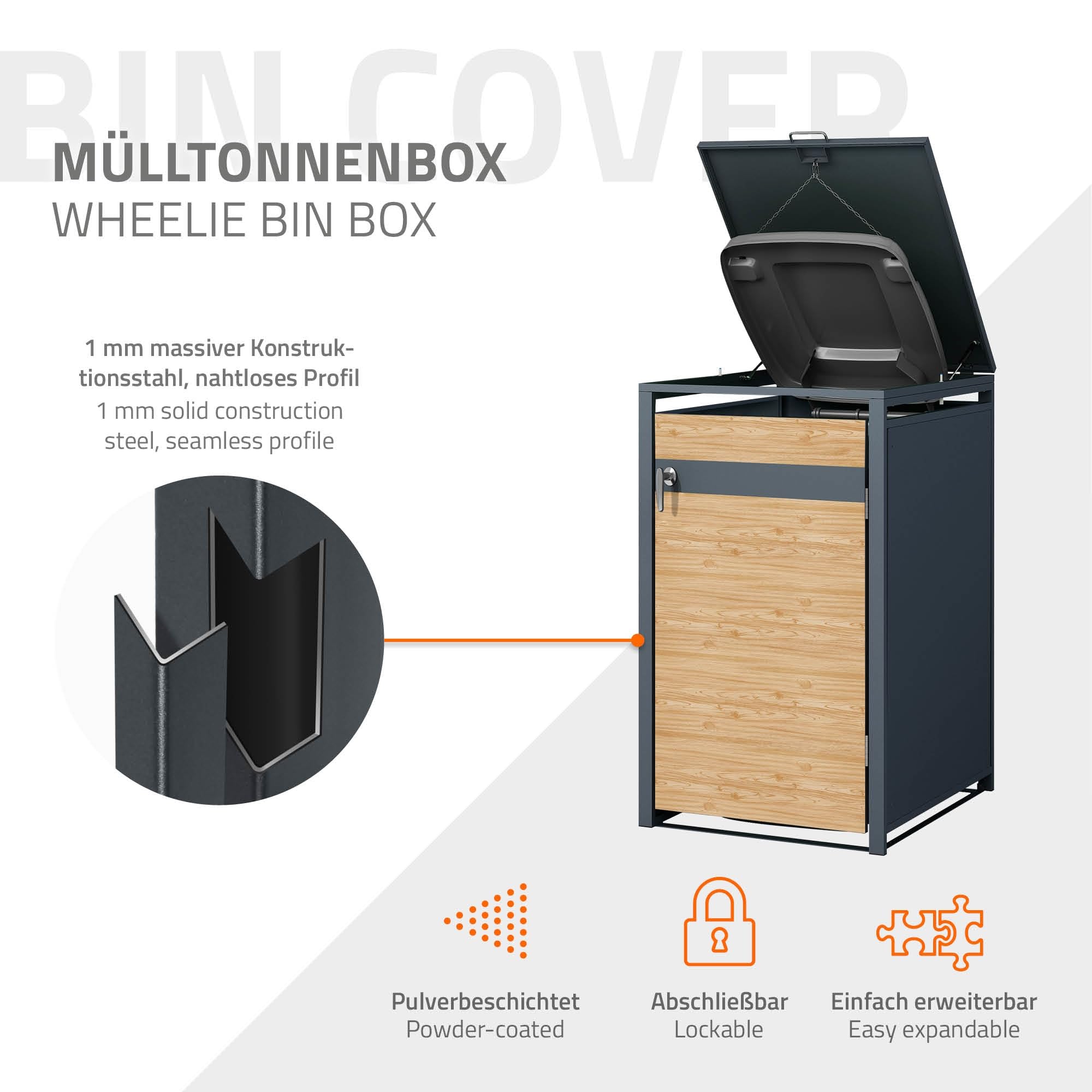 ML-Design Cobertizo de Exterior para 1 Cubo de Basura de 240L 68x80x116,3cm Antracita con Aspecto de Madera de Alerce Mueble Cubre-Contenedor de Acero Resistente con Tapa y Puerta con Cerradura