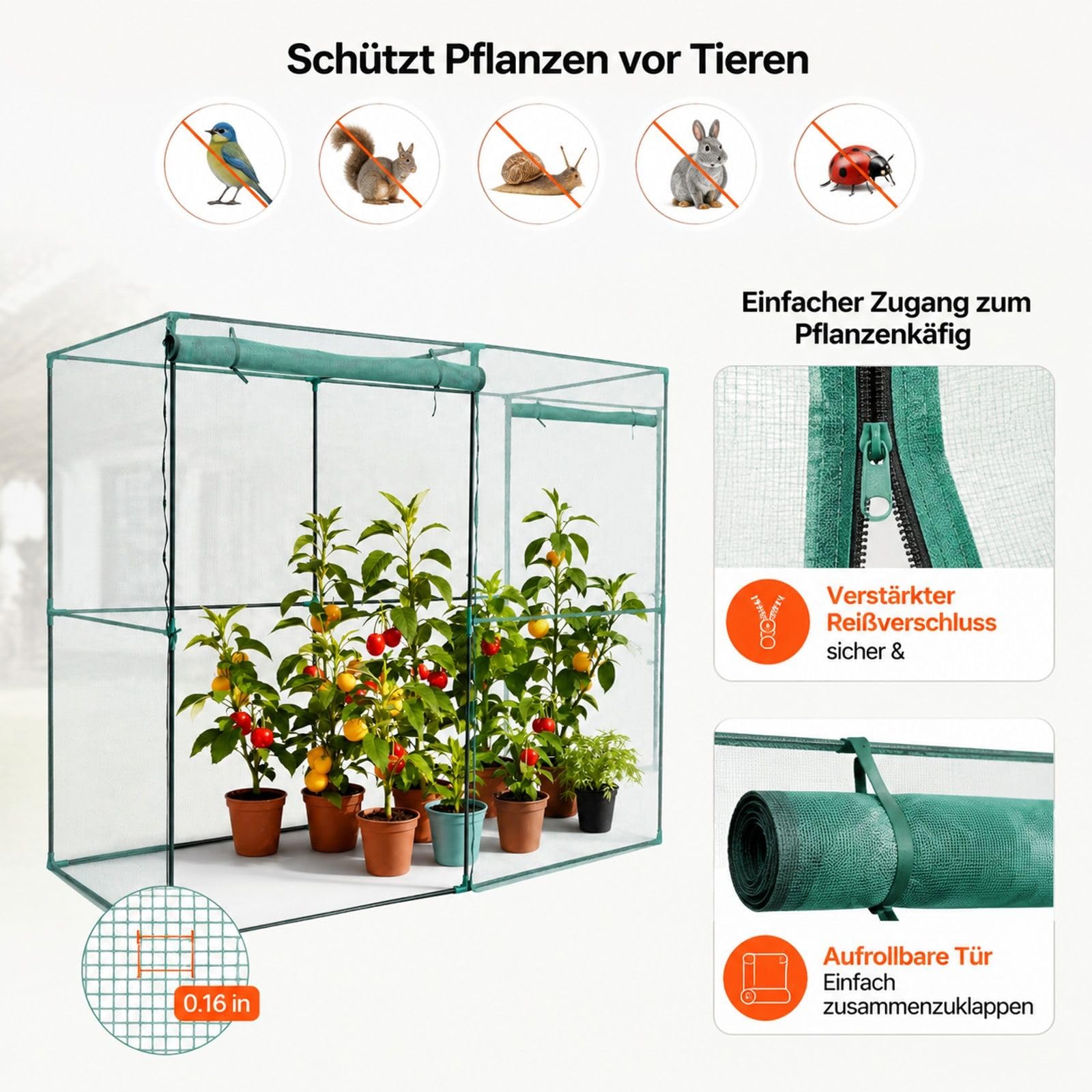 Pflanzenkäfig für Garten mit Reißverschlusstür, Netz für Tomatenpflanzen und Hochbeet im Außenbereich