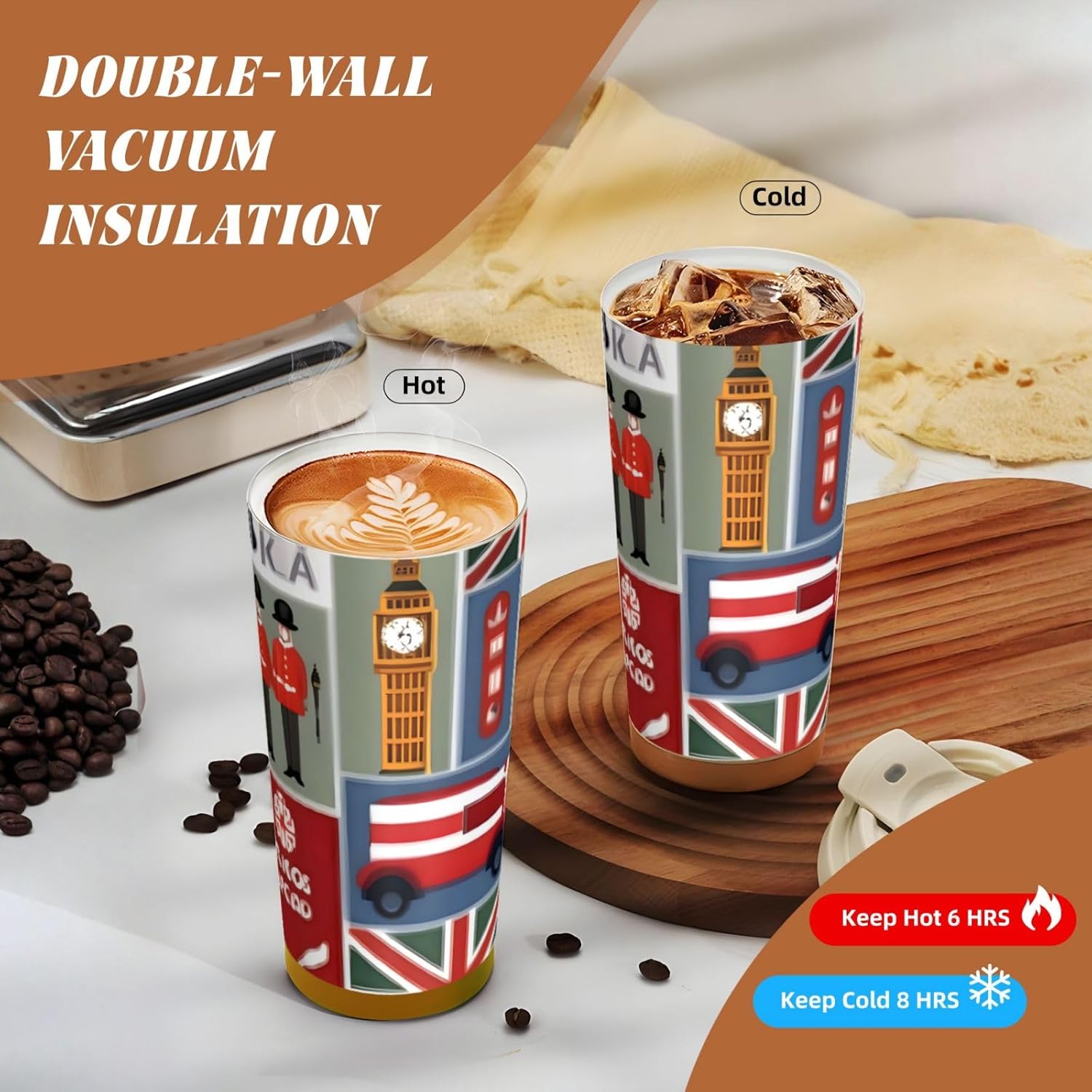 England Symbols Print Leakproof Insulated Coffee Mug,Stainless Steel Dual Drink Travel Tumbler,17 OZ