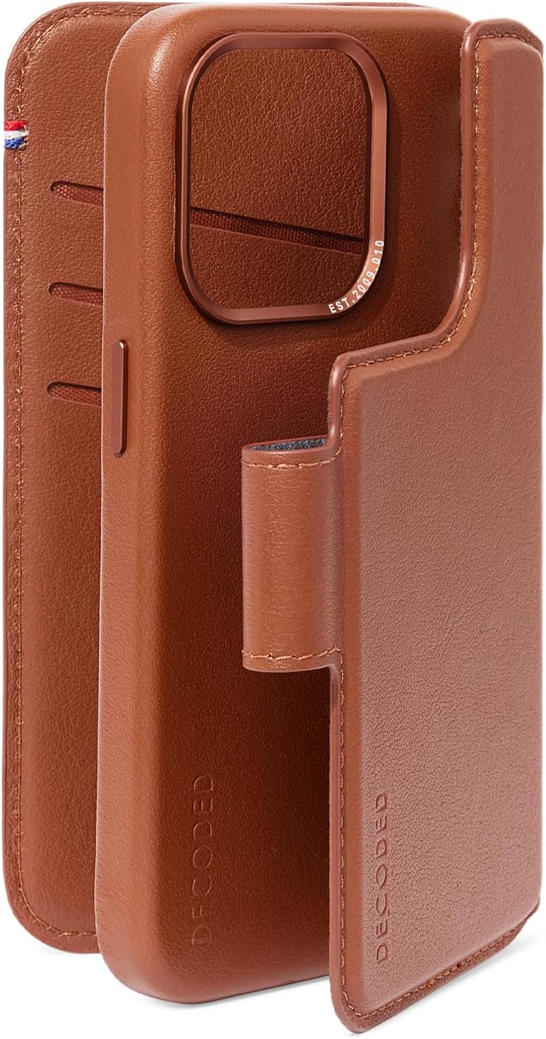 DECODED 2-in-1 Detachable Wallet Case for Apple iPhone 15 Pro (6.1 inch) - Premium European Leather - Card Holder - Protective and Shockproof - MagSafe Compatible - Microfiber Lining - Tan Brown