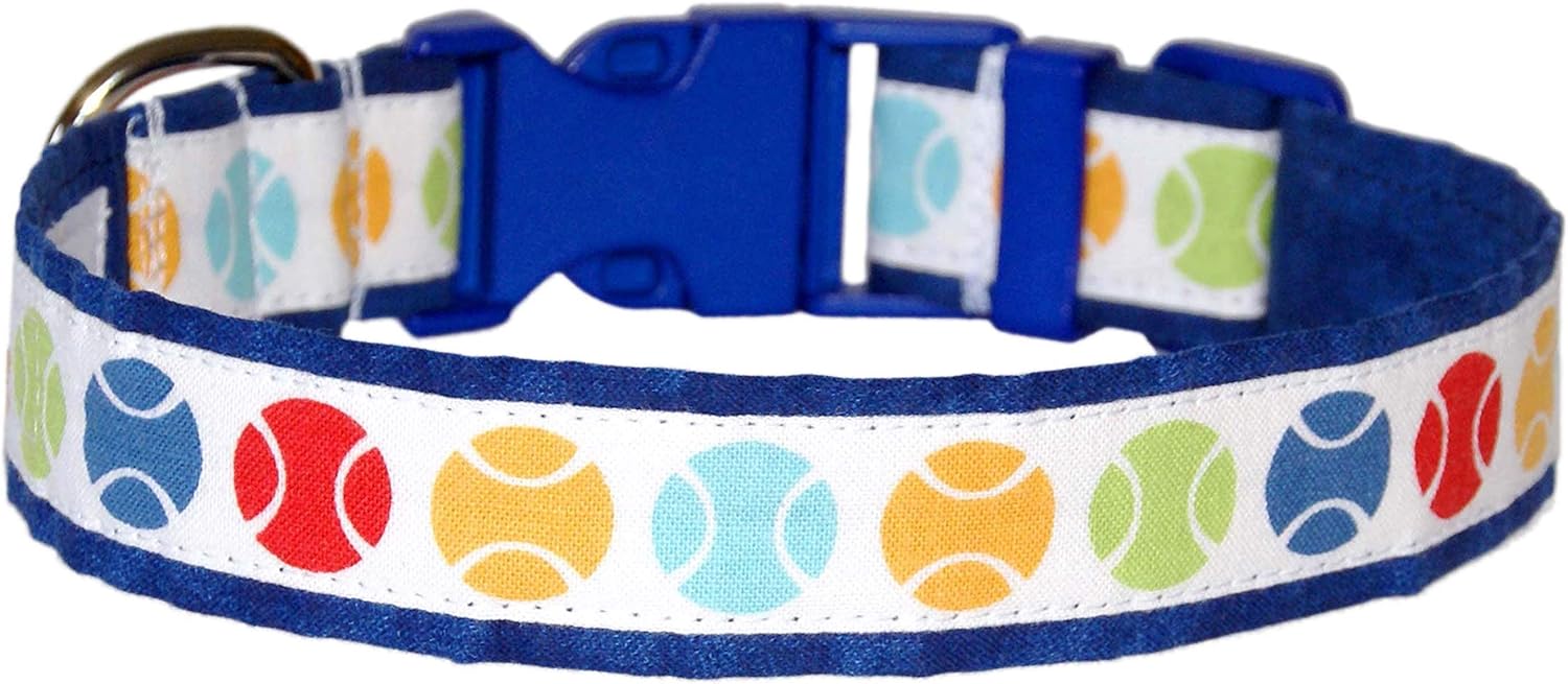 Tennis Ball Dog Collar - Colorful Tennis Balls - Gift for Dog - 5 Sizes - 5/8 Inch or 1 Inch Wide - Handmade by Green Acorn Kitchen (1 Inch Wide, Large 14-21")