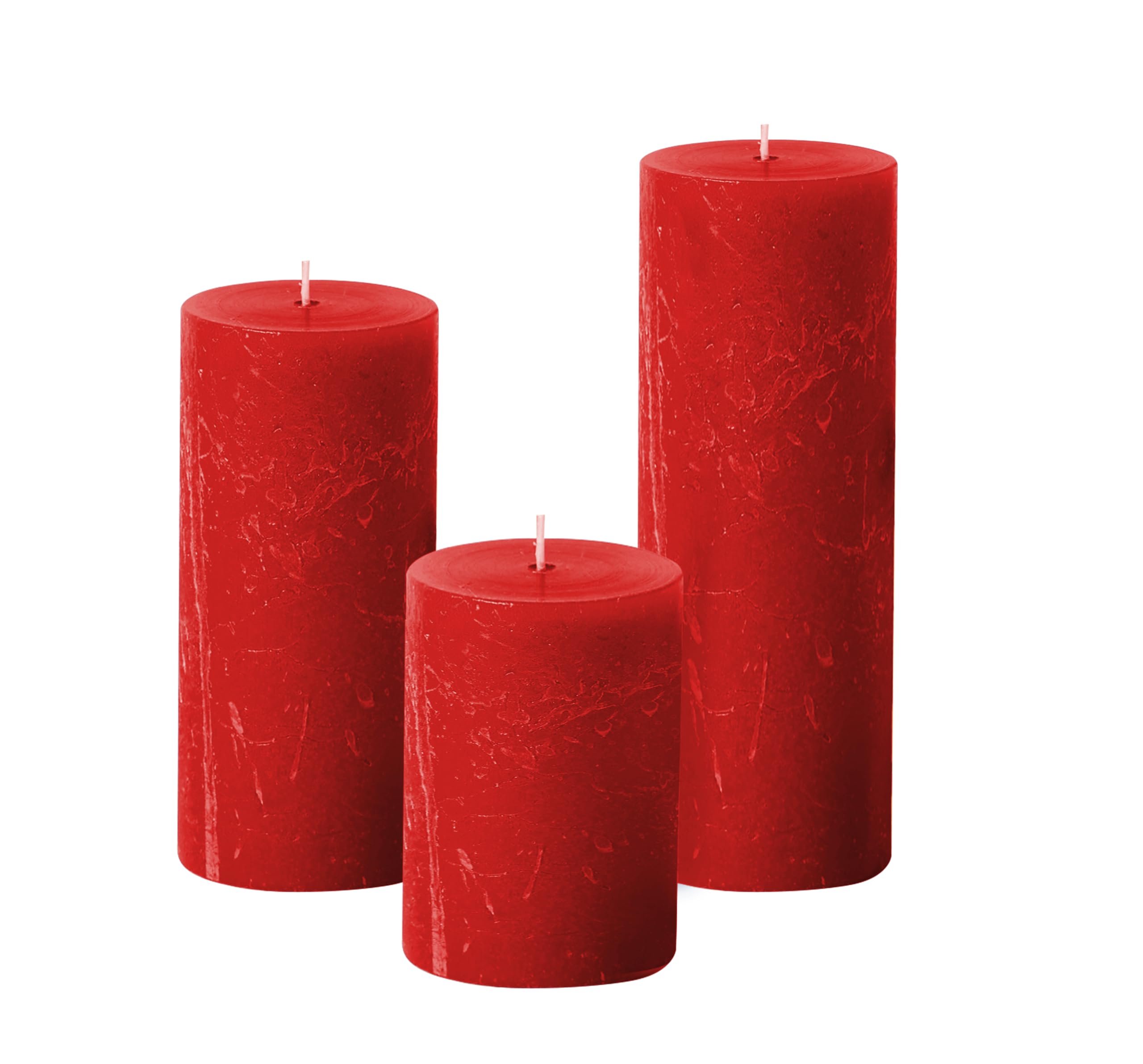 Simply Soson 3x4, 3x6, 3x8 inch Red Pillar Candles, Set of 3 Pillar Candles, Rustic Texture, Unscented Red Candles, Dripless Candles, Ideal as Wedding, Parties, Spa, Dinner, Home Decor, Church