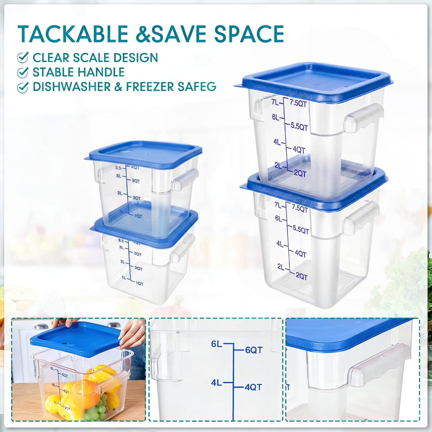 Lallisa 4 Pcs 8qt & 4qt Clear Food Storage Containers with Lids Handles and Scales, Stackable Plastic Square Food Storage Containers for Dough Proofing Baking Kitchen Restaurant(Blue)