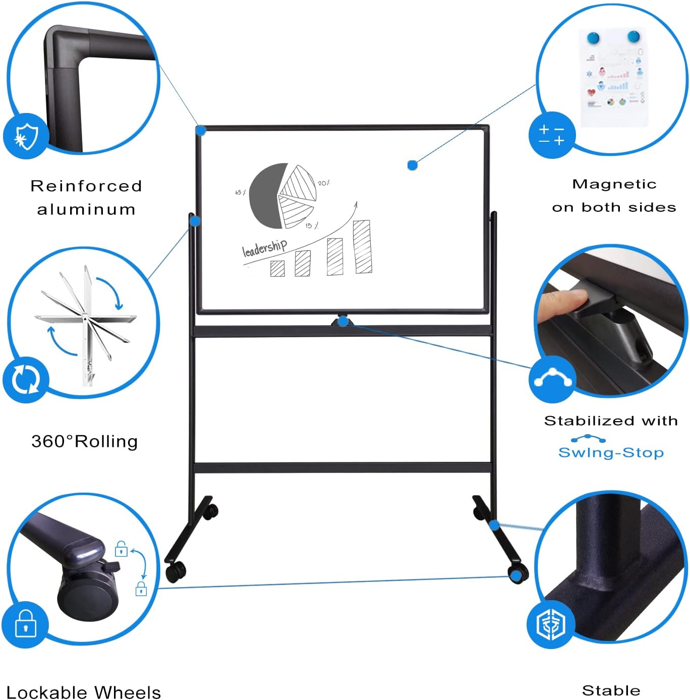 32x48 Inches Industrial-Grade Mobile Dry Erase Whiteboard with Lockable Rolling Stand - Double-Sided Magnetic Whiteboard, Height & Angle Adjustable for Office, Classroom & Workshop Black