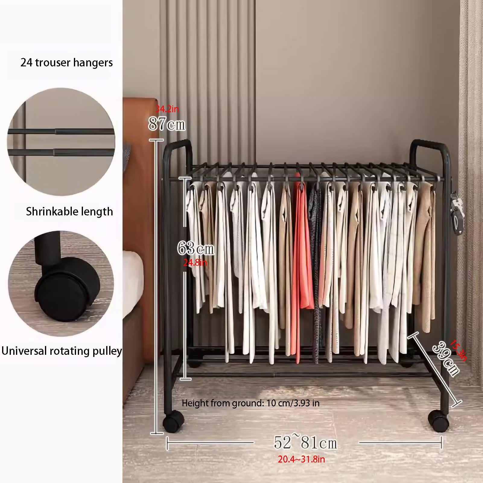 Perchero portátil de pie para pantalones con ruedas, multifuncional, 24 perchas para jeans, bufandas y faldas, estante de secado ajustable para un fácil almacenamiento