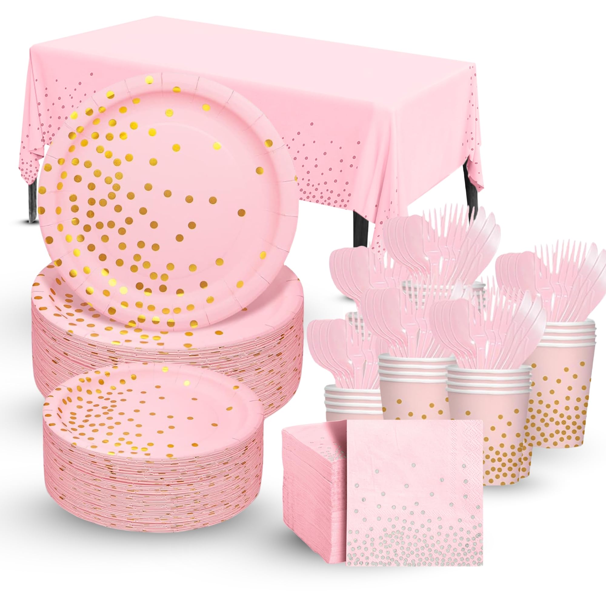 211PCS Pink Gold Plates Napkins Party Supplies for 30 Guests - Disposable Paper Dinner Plates, Dessert, Napkins, Cups, Cutlery, and Tablecloth for