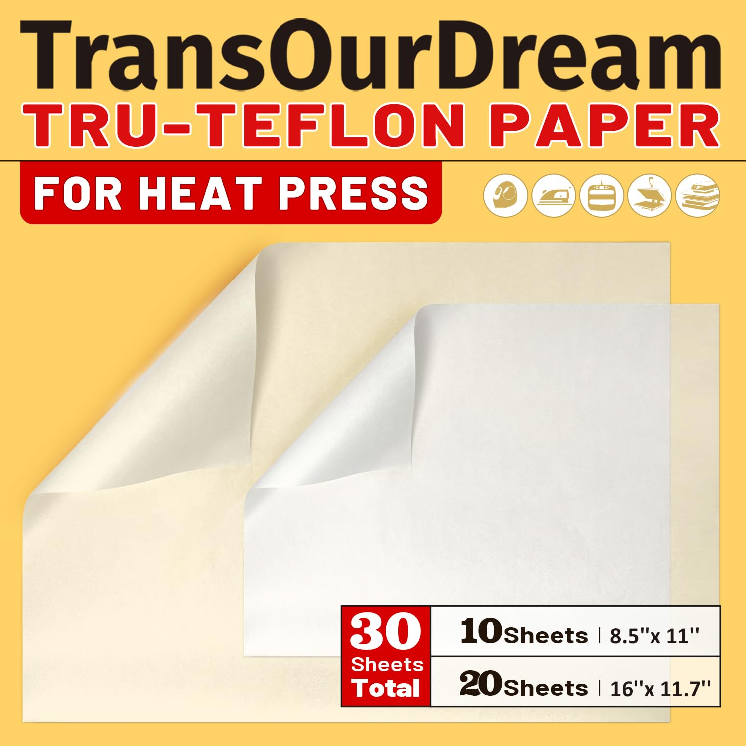 Paquete de 30 hojas de papel de teflón PTFE (16, 11, 7 y 20 hojas) y papel de teflón (8, 5, 11 y 10 hojas), paquete mixto para prensas térmicas, tapete para manualidades resistente al calor, papel de sublimación y papel de transferencia térmica reutilizable.