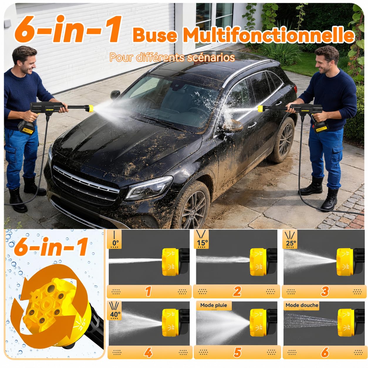 100Bar Nettoyeur Haute Pression sans Fil 2026, 6 en 1 Nettoyeur Haute Pression sur Batterie, débit de 240 L/h, Moteur en Cuivre Pur, 20 000 TR/Min, pour Voiture, Moto, Fenêtres et Terrasse