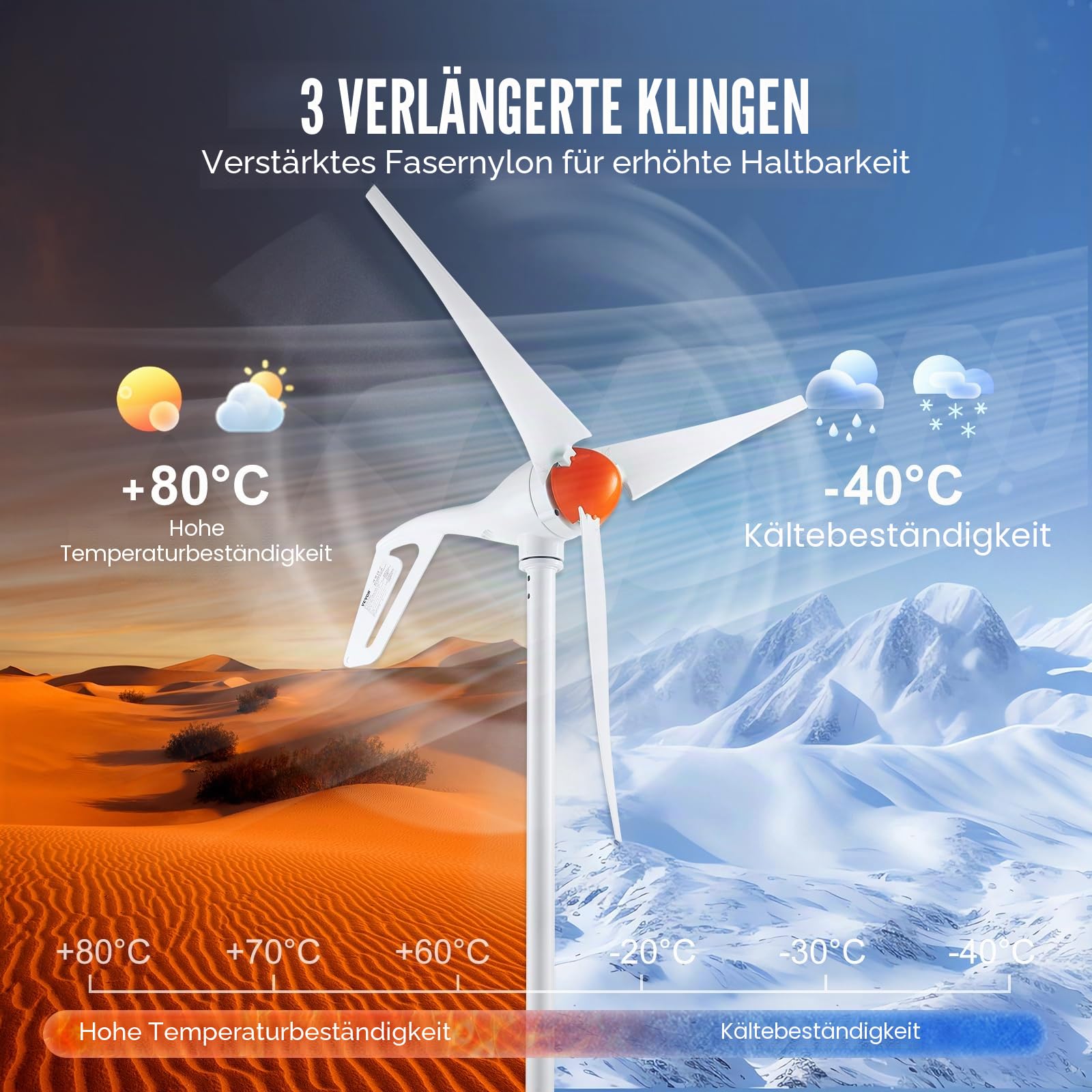 VEVOR 500 W Windkraftanlage, 12 V Windgenerator, 3-Blatt-Windkraftgenerator mit Anemometer, MPPT-Regler und einstellbarer Windrichtung, geeignet für Zuhause, Bauernhof, Wohnmobile, Boote